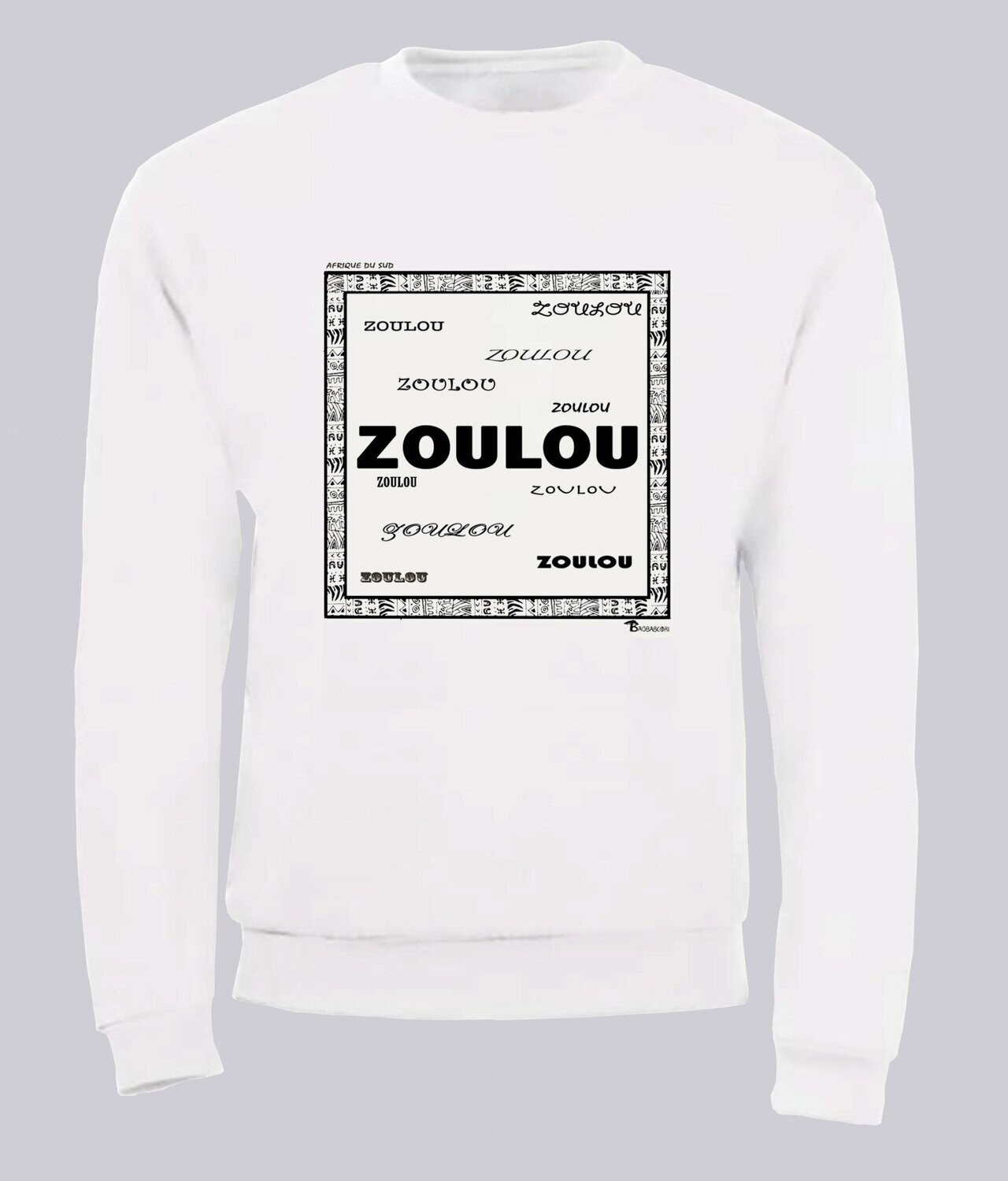 SWEAT RACINE ZOULOU, COULEUR: BLANC, FOND MOTIF: BLANC