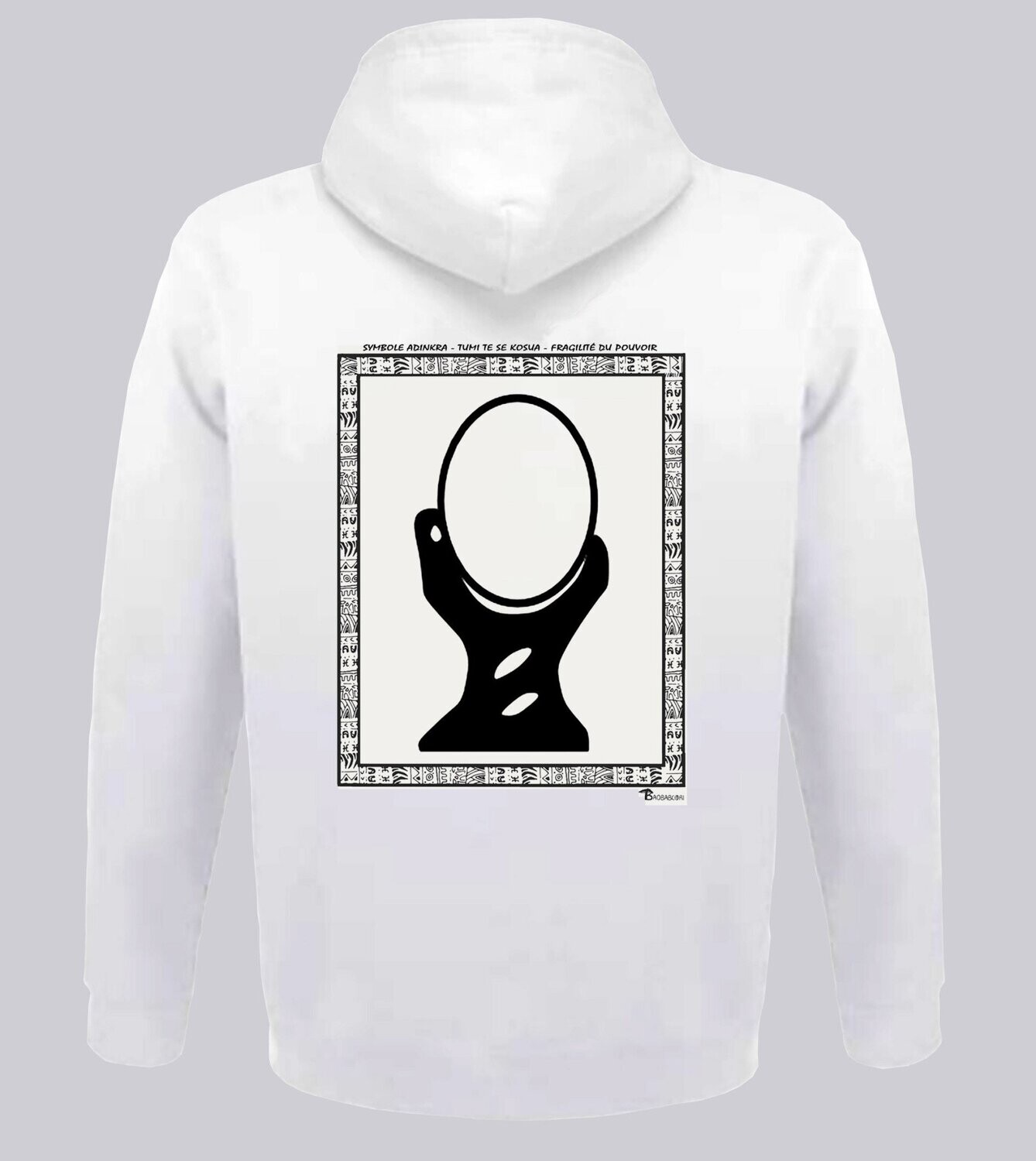 SWEAT A CAPUCHE SYMBOLE ADINKRA "TUMI TE KOSUA"  LA FRAGILITÉ DU POUVOIR, COULEUR: BLANC, FOND MOTIF: BLANC