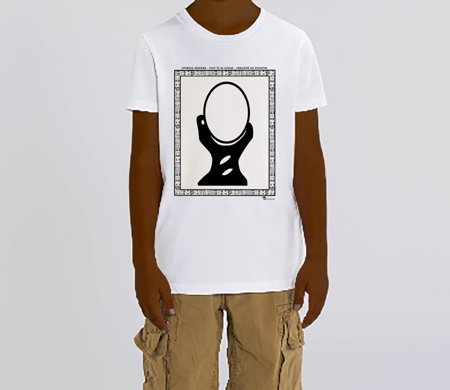 TEE SHIRT SYMBOLE ADINKR "TUMI TE KOSUA"  LA FRAGILITÉ DU POUVOIR, COULEUR: BLANC, FOND MOTIF: BLANC