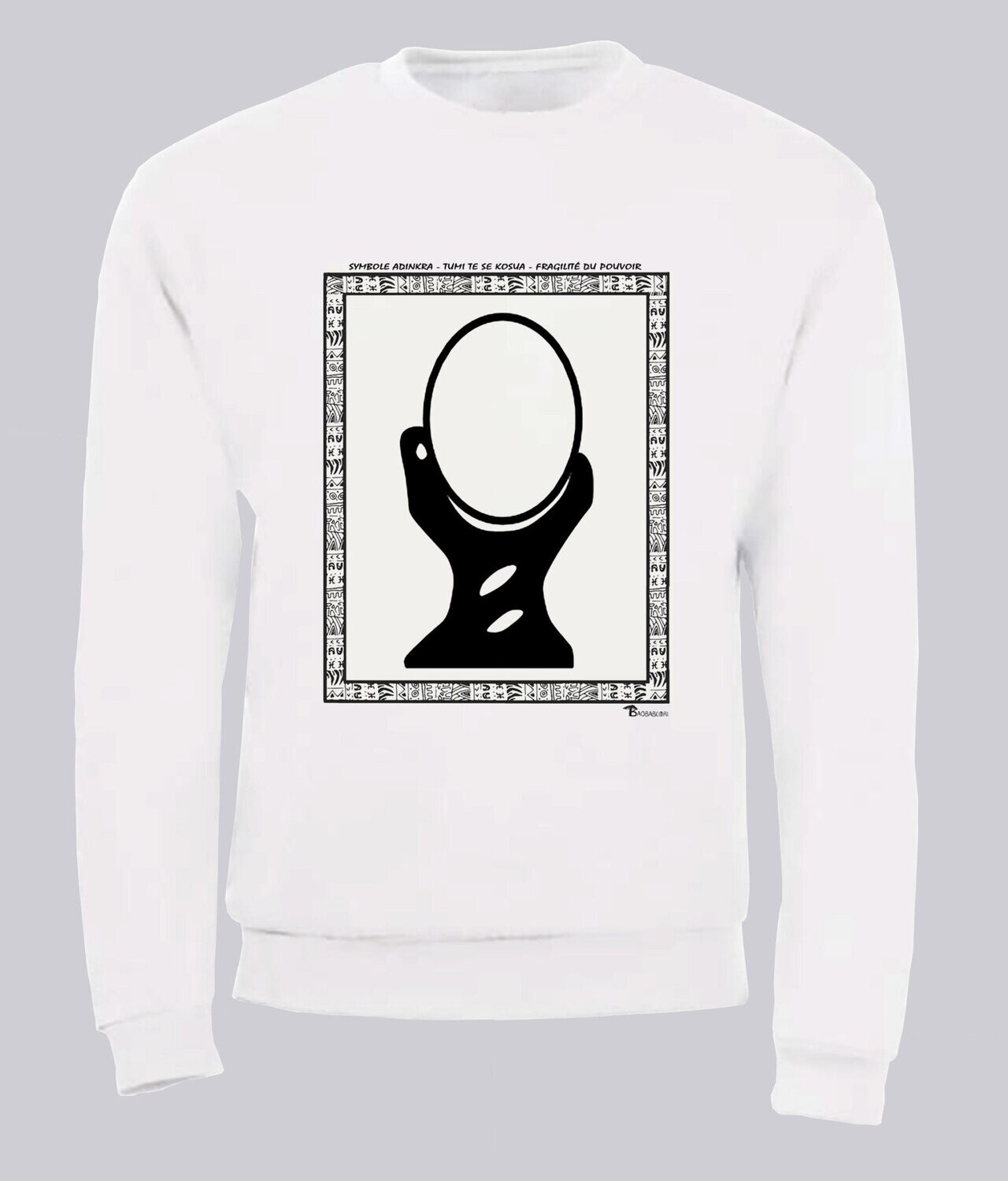 SWEAT SYMBOLE ADINKRA "TUMI TE KOSUA"  LA FRAGILITÉ DU POUVOIR, COULEUR: BLANC, FOND MOTIF: BLANC