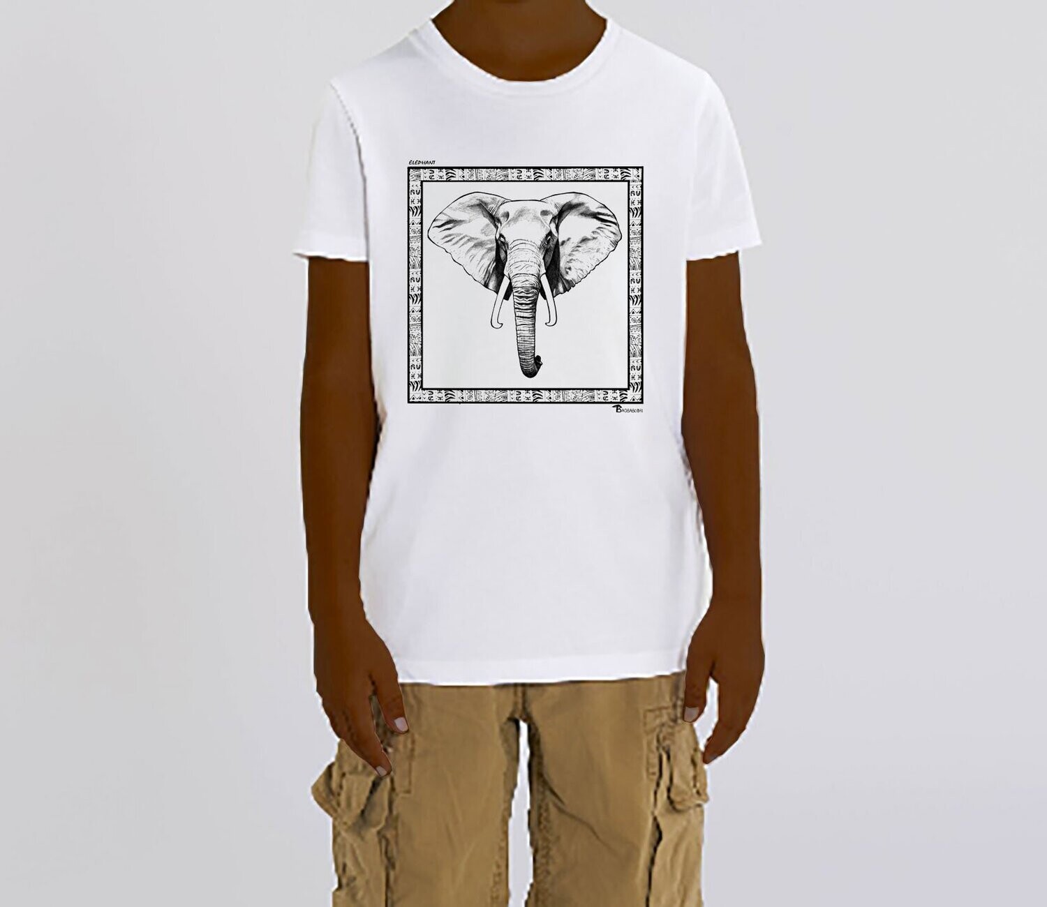TEE SHIRT FAUNE ELEPHANT, COULEUR: BLANC, FOND MOTIF: BLANC