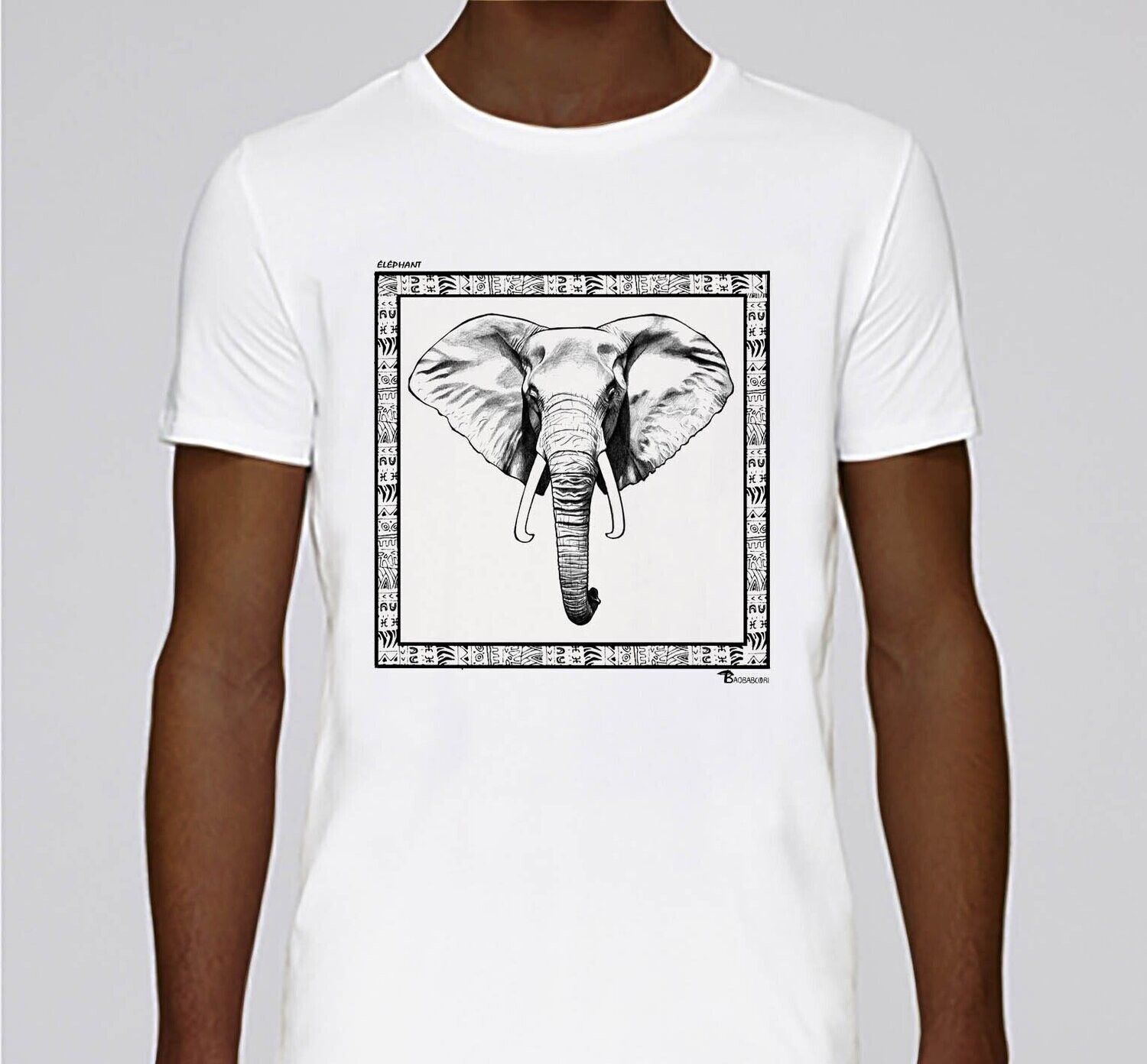 TEE SHIRT FAUNE ELEPHANT, COULEUR: BLANC, FOND MOTIF: BLANC