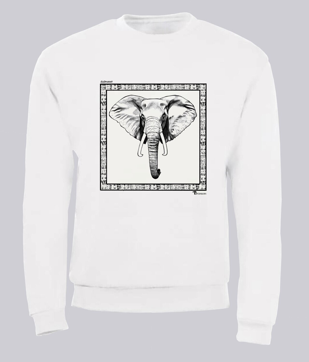 SWEAT FAUNE ELEPHANT, COULEUR: BLANC, FOND MOTIF: BLANC