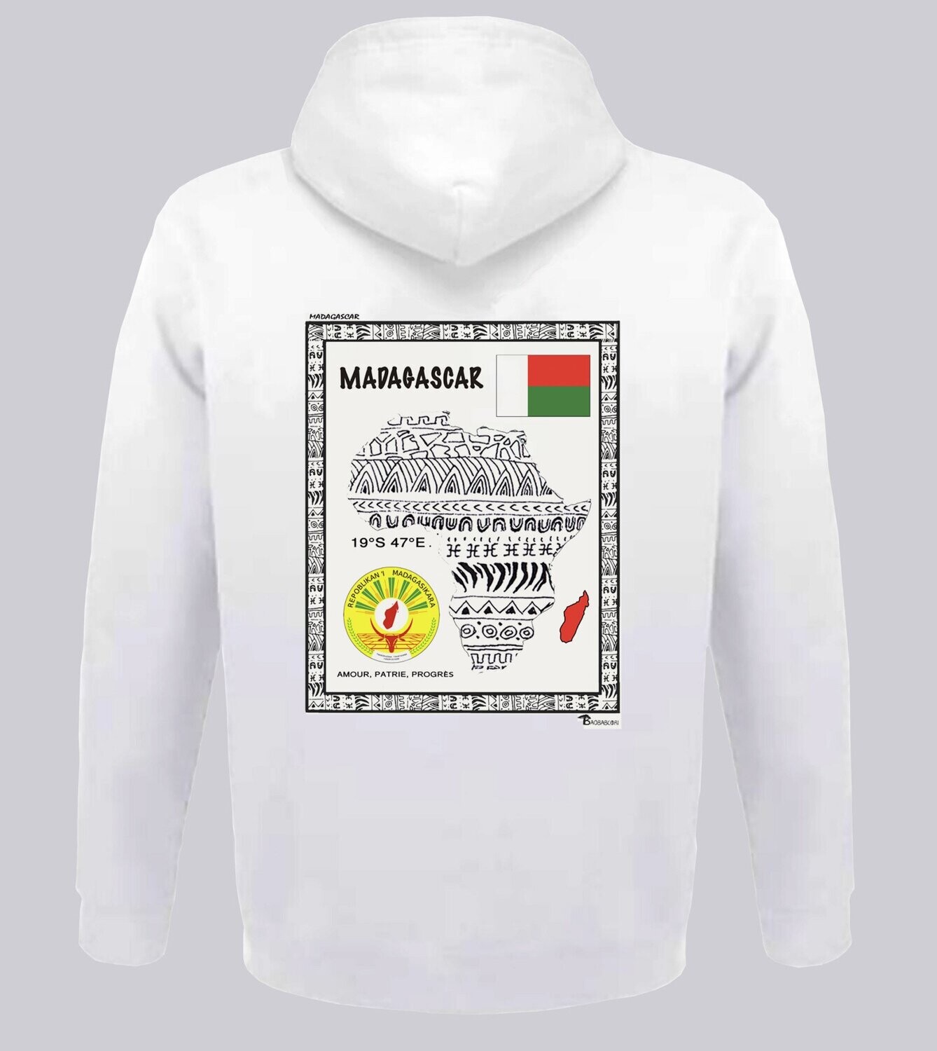 SWEAT A CAPUCHE PAYS MADAGASCAR, COULEUR: BLANC, FOND MOTIF: BLANC