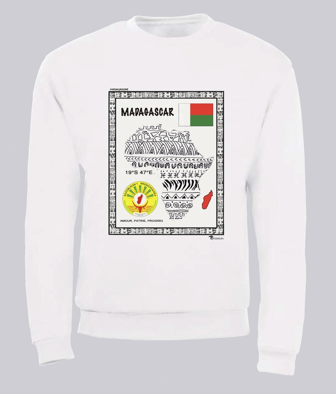 SWEAT PAYS MADAGASCAR, COULEUR: BLANC, FOND MOTIF: BLANC