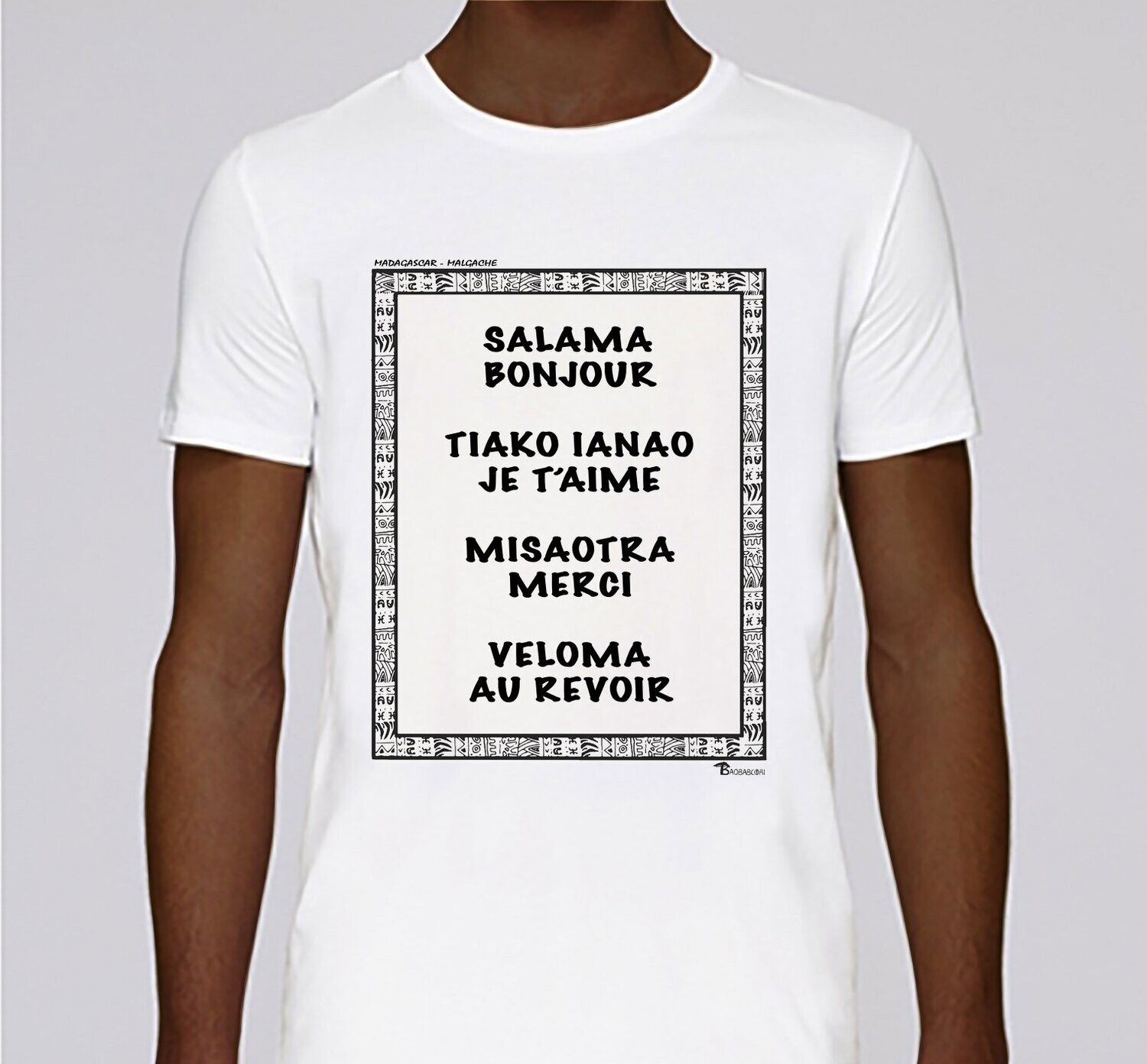 TEE SHIRT LANGUE MALGACHE, COULEUR: BLANC, FOND MOTIF: BLANC
