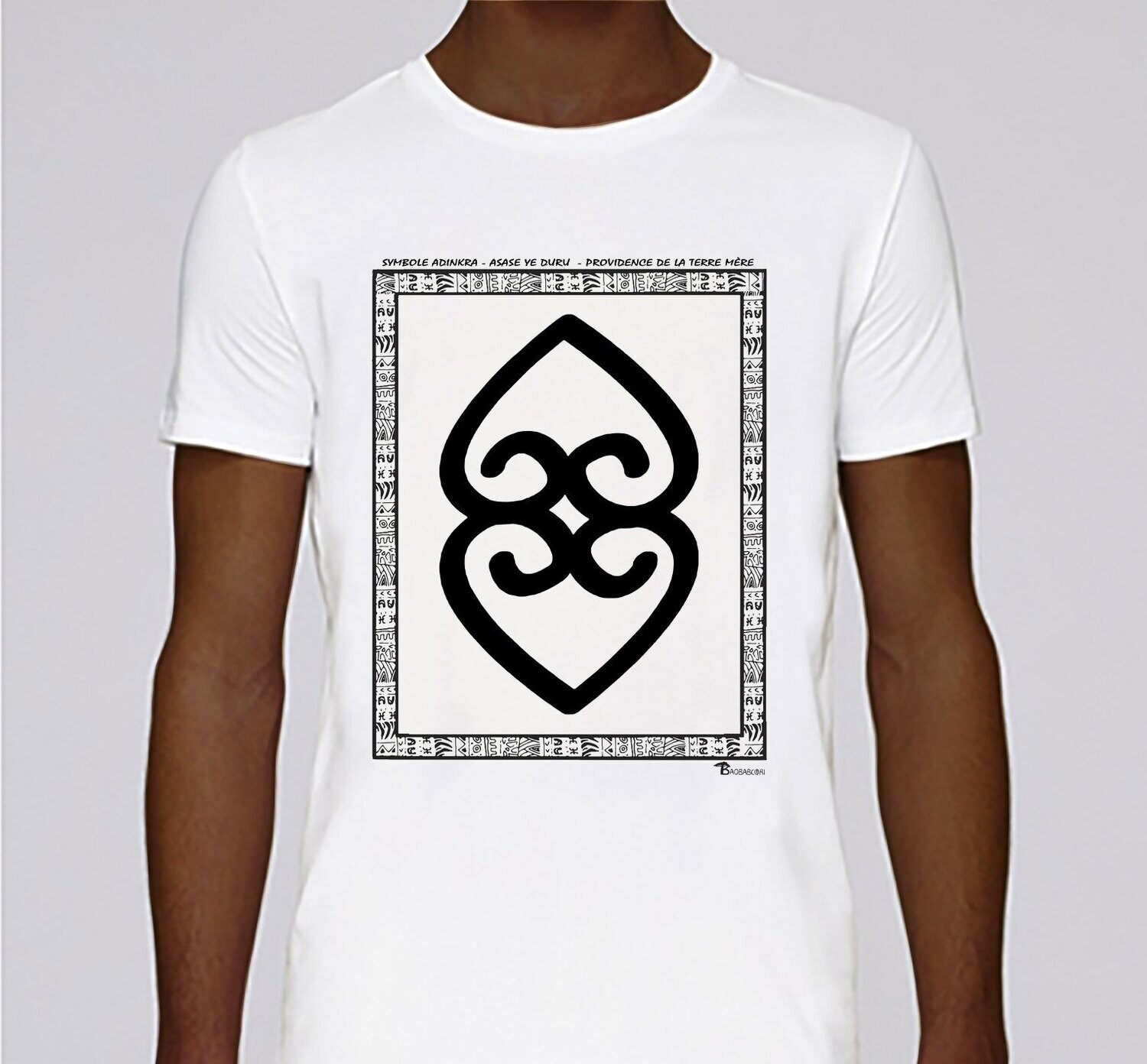 TEE SHIRT SYMBOLE ADINKRA "ASASE YE DURU"  PROVIDENCE DE LA TERRE MERE, COULEUR: BLANC, FOND MOTIF: BLANC