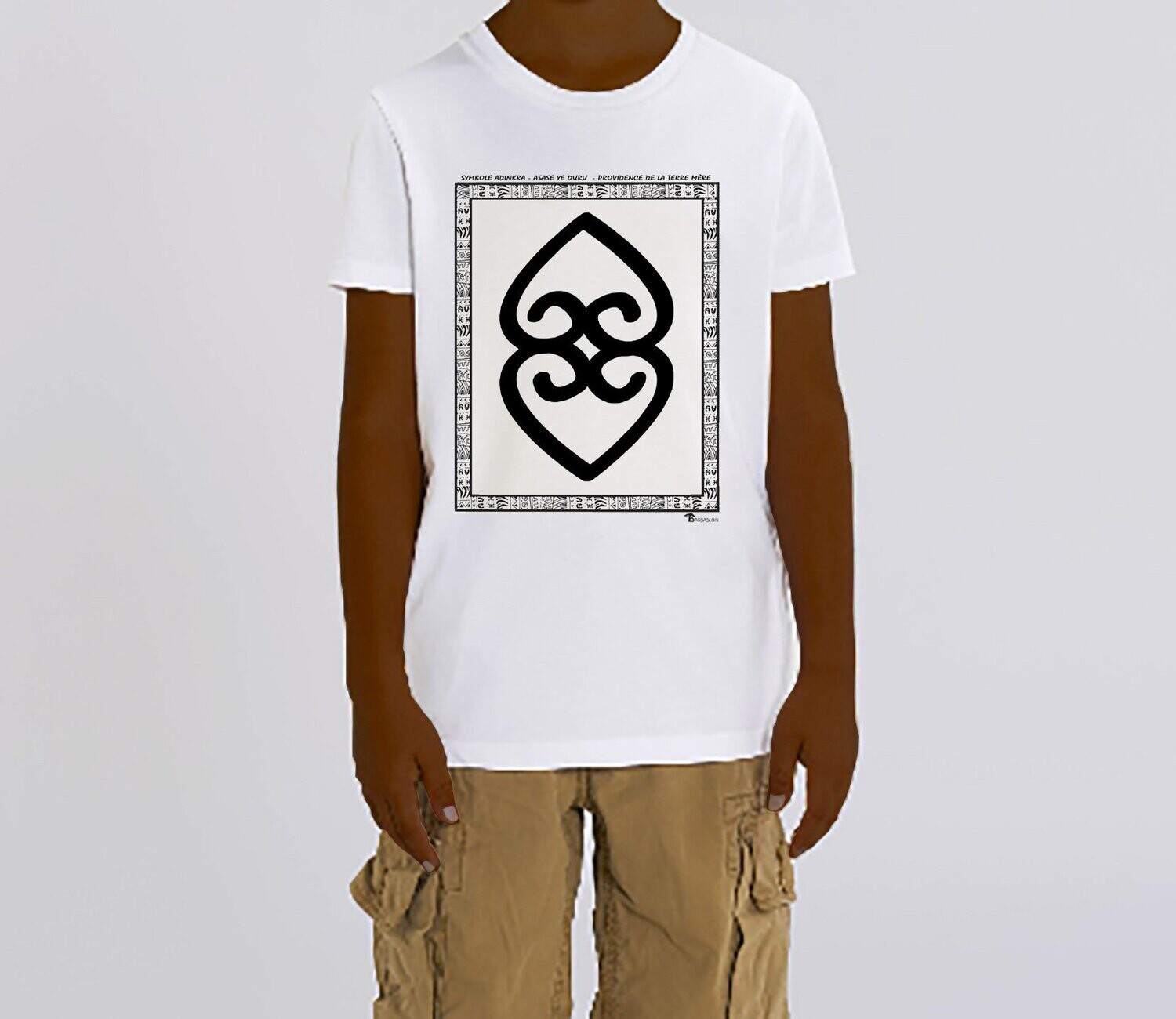 TEE SHIRT SYMBOLE ADINKRA  "ASASE YE DURU"  PROVIDENCE DE LA TERRE MERE, COULEUR: BLANC, FOND MOTIF: BLANC