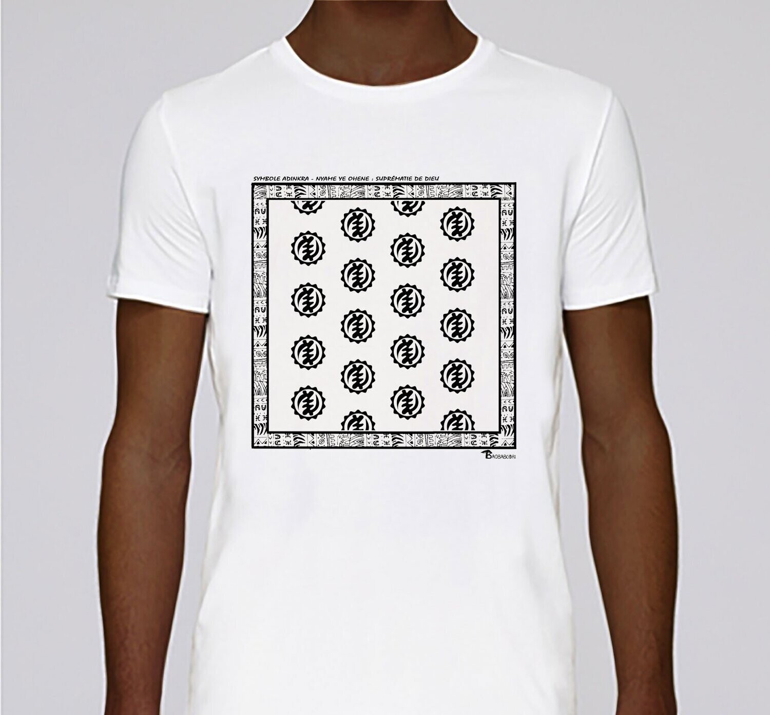 TEE SHIRT SYMBOLE ADINKRA "ASASE  "NYAME NE OHENE"  SUPREMATIE DE DIEU, COULEUR: BLANC, FOND MOTIF: BLANC
