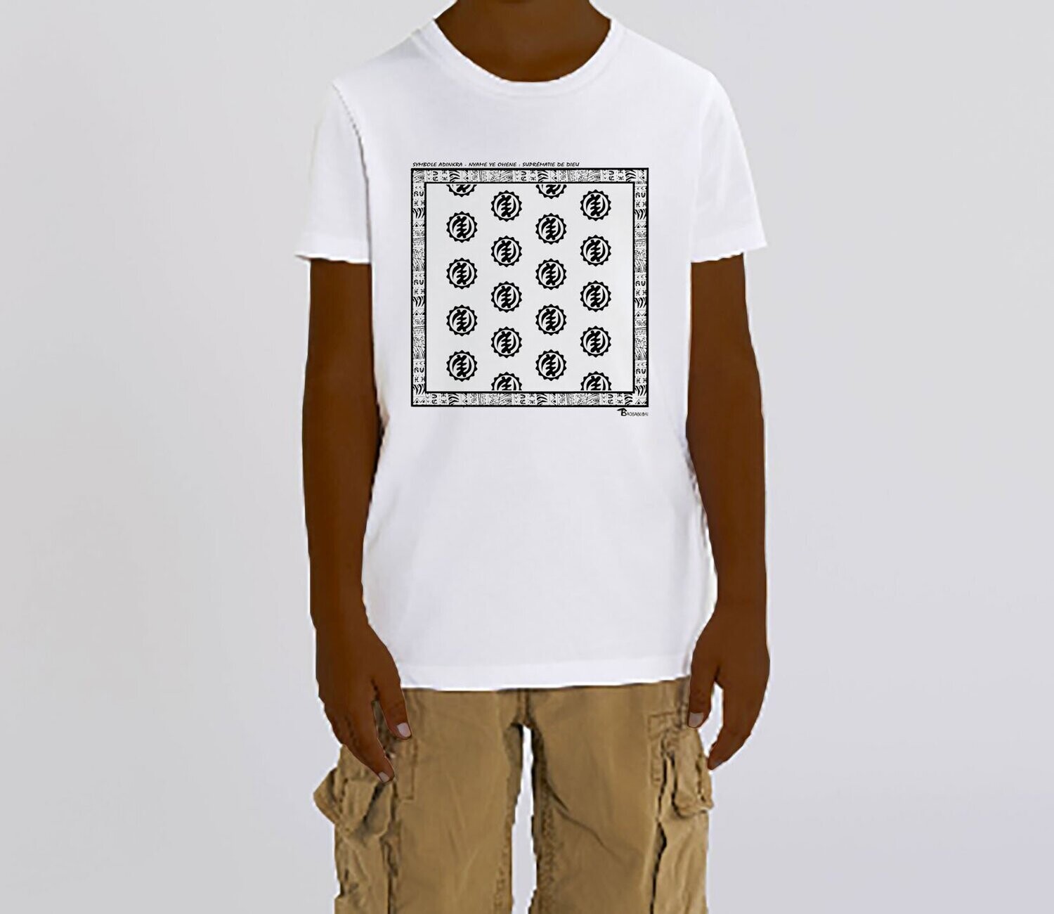 TEE SHIRT SYMBOLE ADINKRA   "NYAME NE OHENE"  SUPREMATIE DE DIEU, COULEUR: BLANC, FOND MOTIF: BLANC