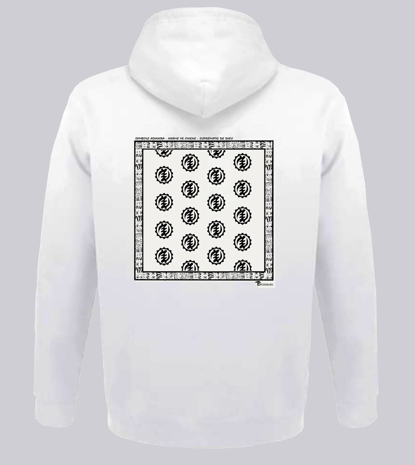 SWEAT A CAPUCHE SYMBOLE ADINKRA   "NYAME NE OHENE"  SUPREMATIE DE DIEU, COULEUR: BLANC, FOND MOTIF: BLANC