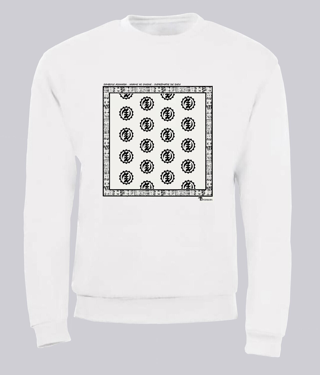 SWEAT SYMBOLE ADINKRA   "NYAME NE OHENE"  SUPREMATIE DE DIEU, COULEUR: BLANC, FOND MOTIF: BLANC