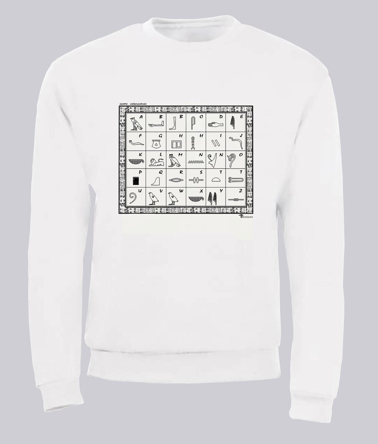 SWEAT ECRITURE HYEROGLYPHE EGYPTE, COULEUR: BLANC, FOND MOTIF: BLANC