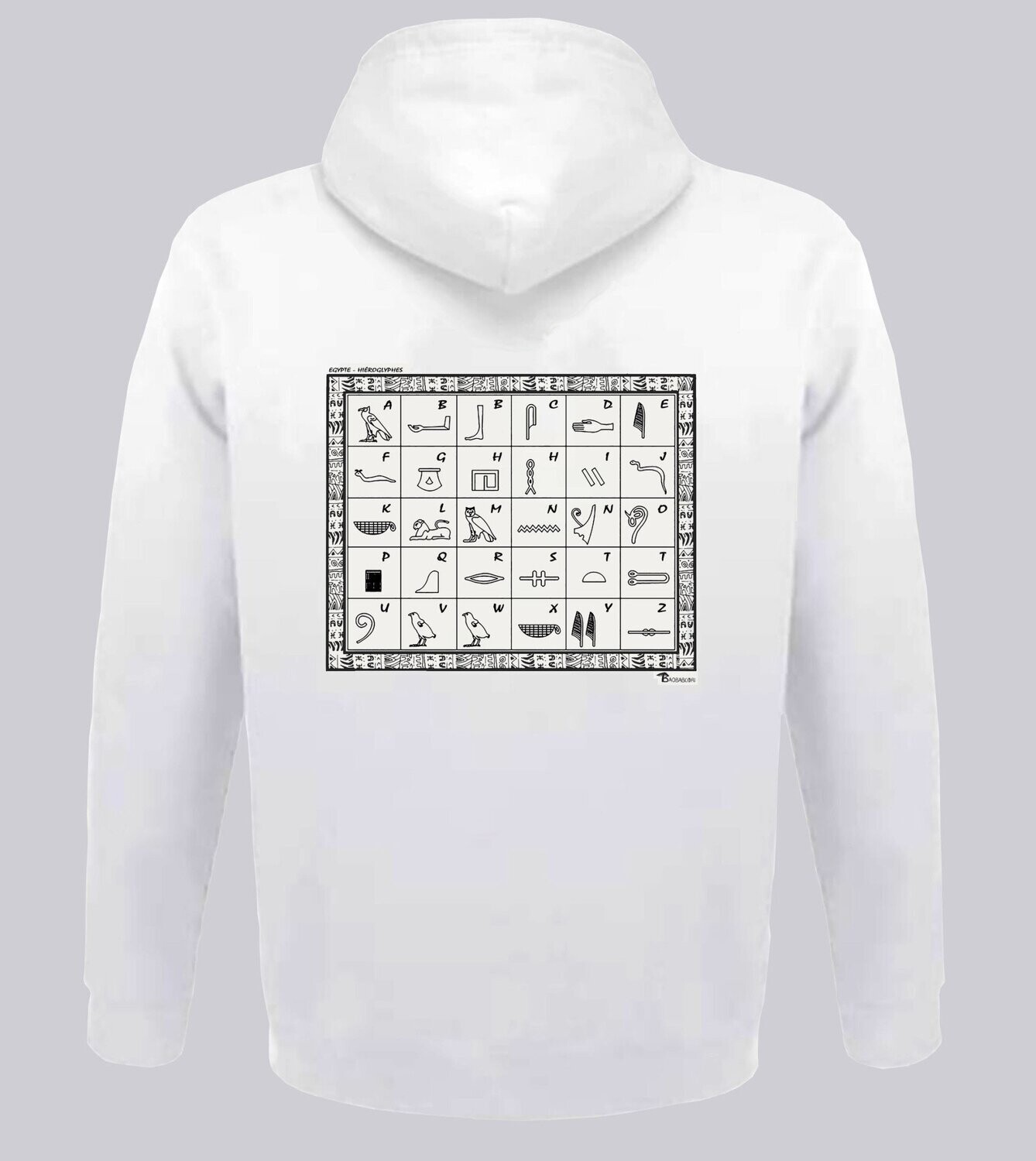 SWEAT A CAPUCHE ECRITURE HYEROGLYPHE EGYPTE, COULEUR: BLANC, FOND MOTIF: BLANC