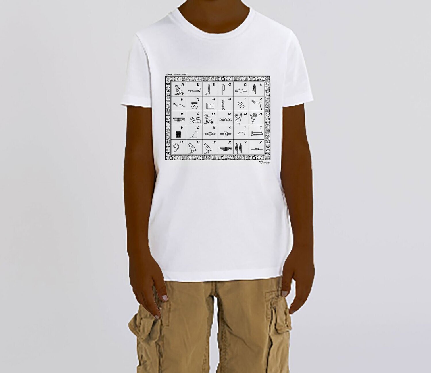 TEE SHIRT ECRITURE HYEROGLYPHE EGYPTE, COULEUR: BLANC, FOND MOTIF: BLANC