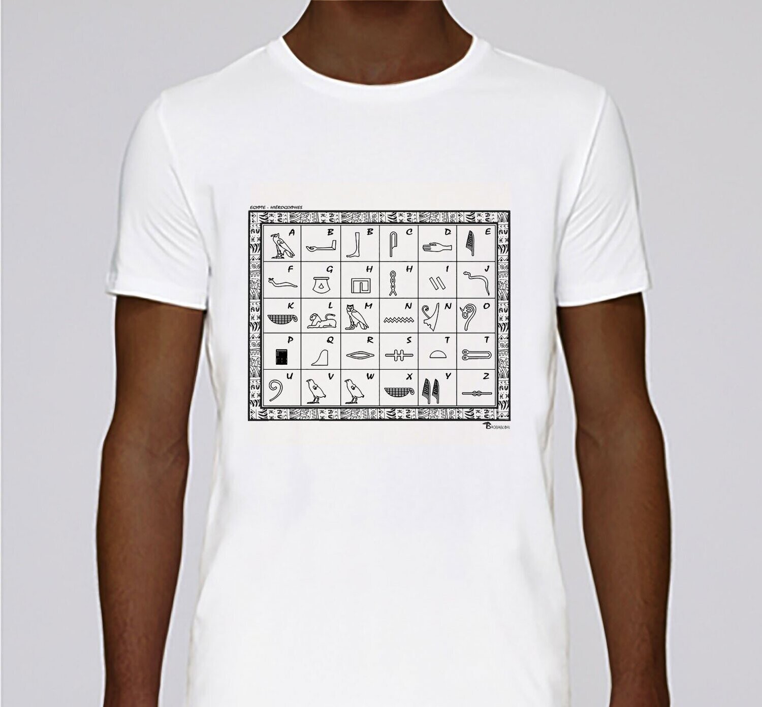 TEE SHIRT ECRITURE HYEROGLYPHE EGYPTE, COULEUR: BLANC, FOND MOTIF: BLANC