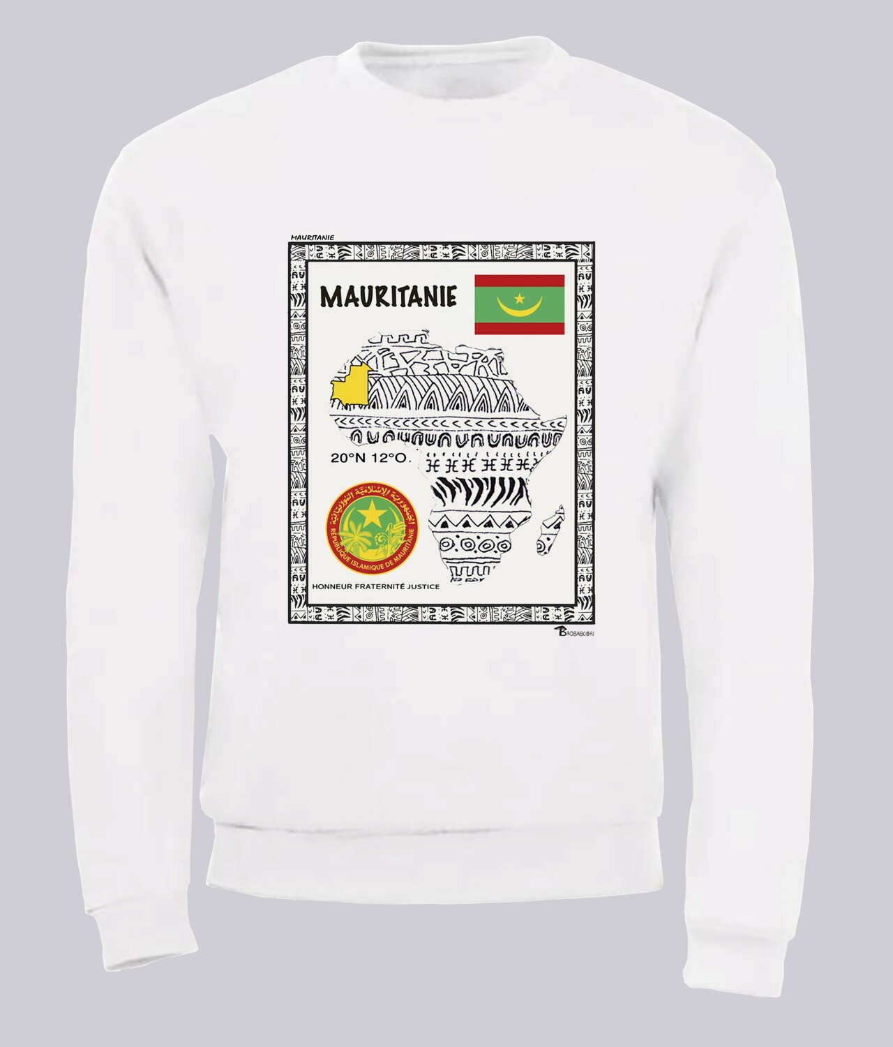 SWEAT PAYS MAURITANIE, COULEUR: BLANC, FOND MOTIF: BLANC