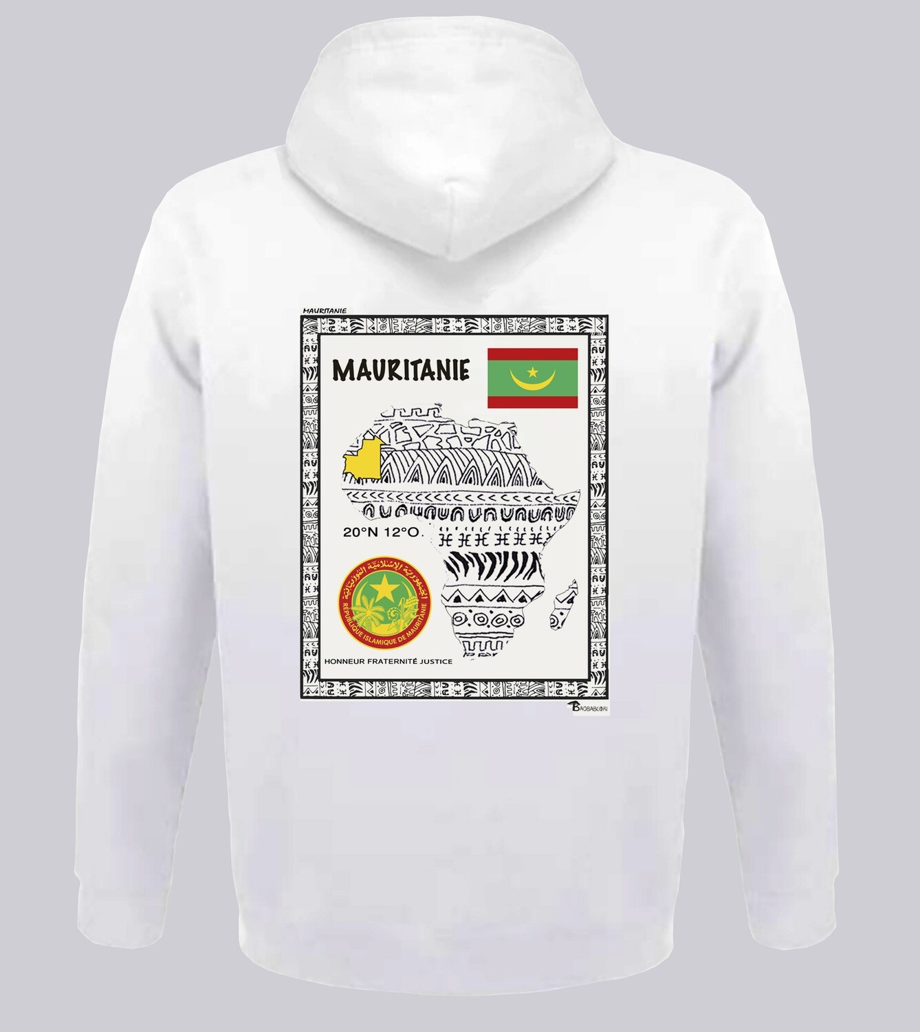 SWEAT A CAPUCHE PAYS MAURITANIE, COULEUR: BLANC, FOND MOTIF: BLANC