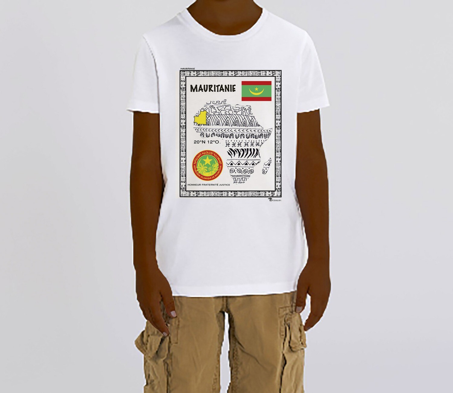 TEE SHIRT PAYS MAURITANIE, COULEUR: BLANC, FOND MOTIF: BLANC