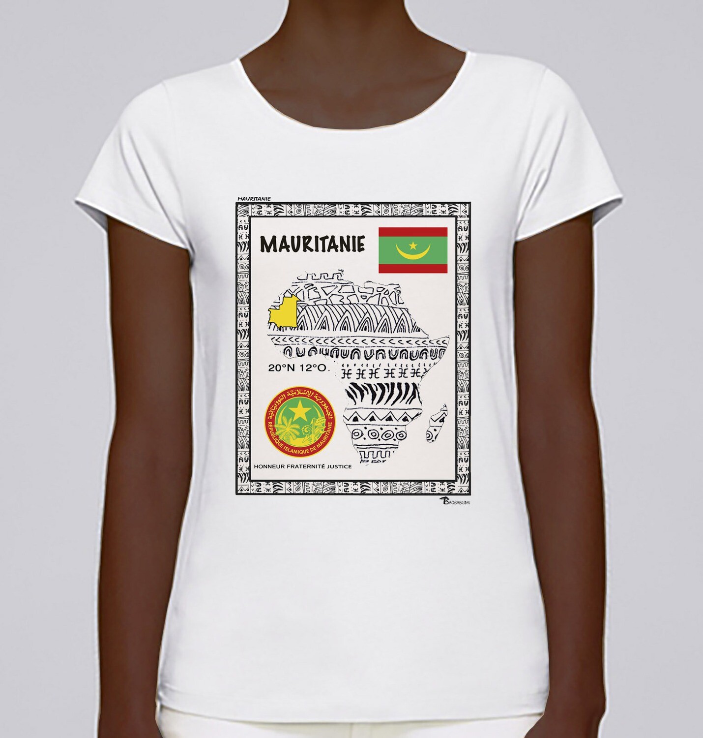 TEE SHIRT PAYS MAURITANIE, COULEUR: BLANC, FOND MOTIF: BLANC