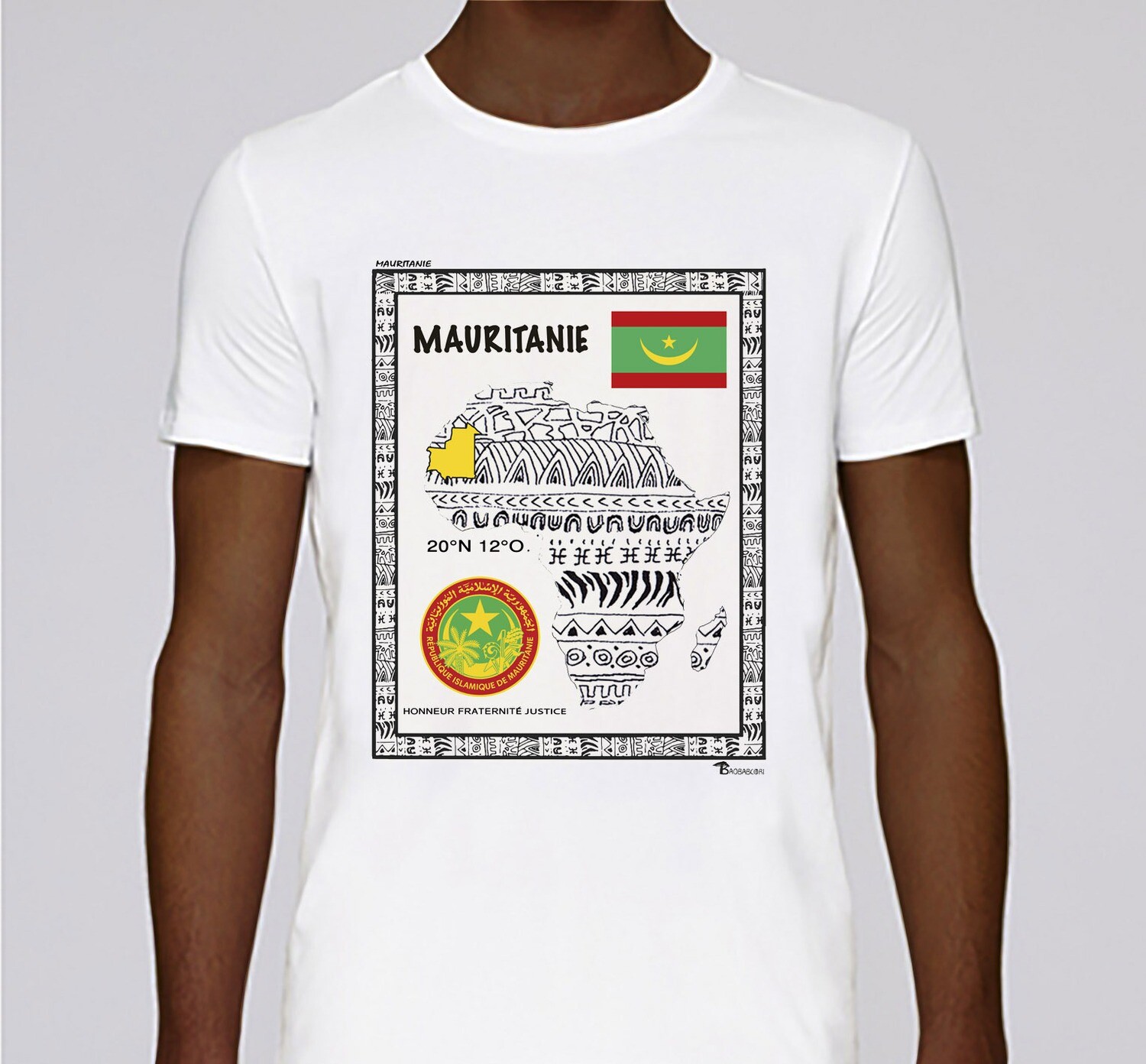 TEE SHIRT PAYS MAURITANIE, COULEUR: BLANC, FOND MOTIF: BLANC
