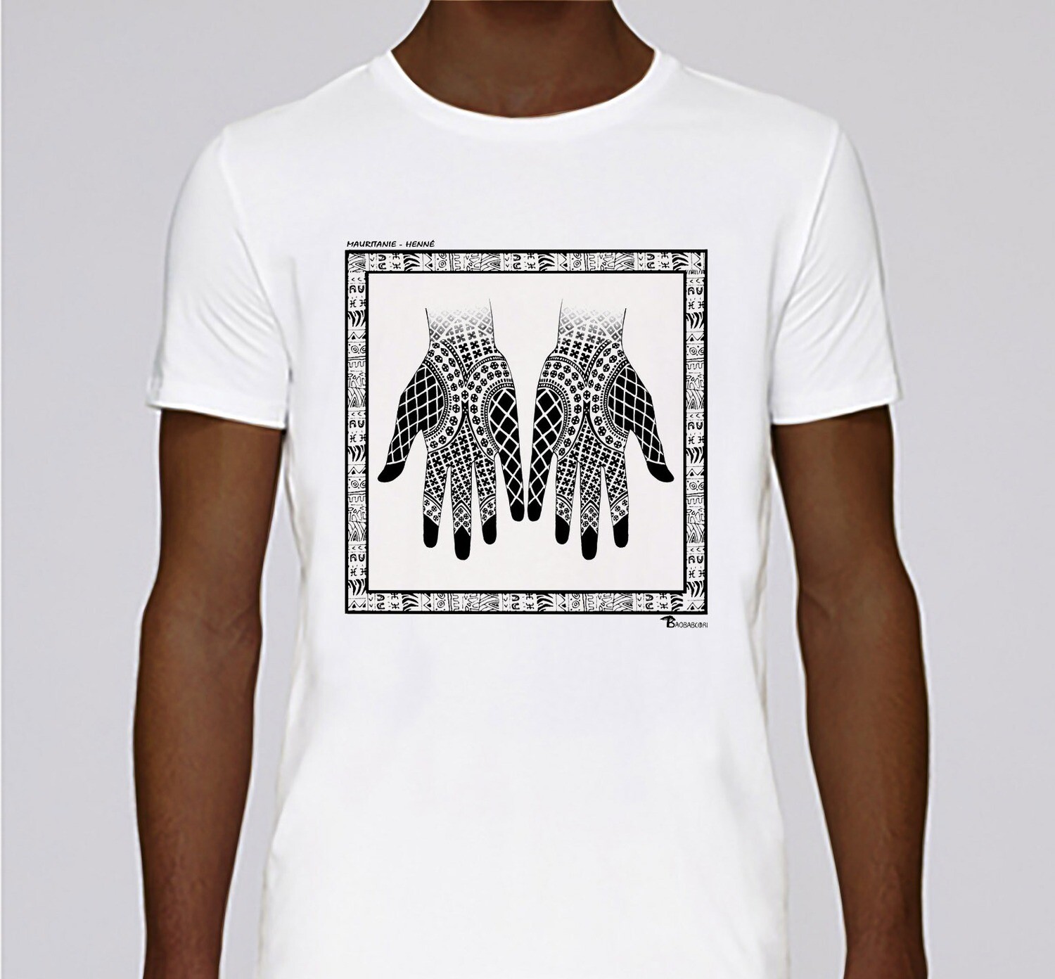 TEE SHIRT FASHION MAQUILLAGE HENNÉ MAURITANIE, COULEUR: BLANC, FOND MOTIF: BLANC