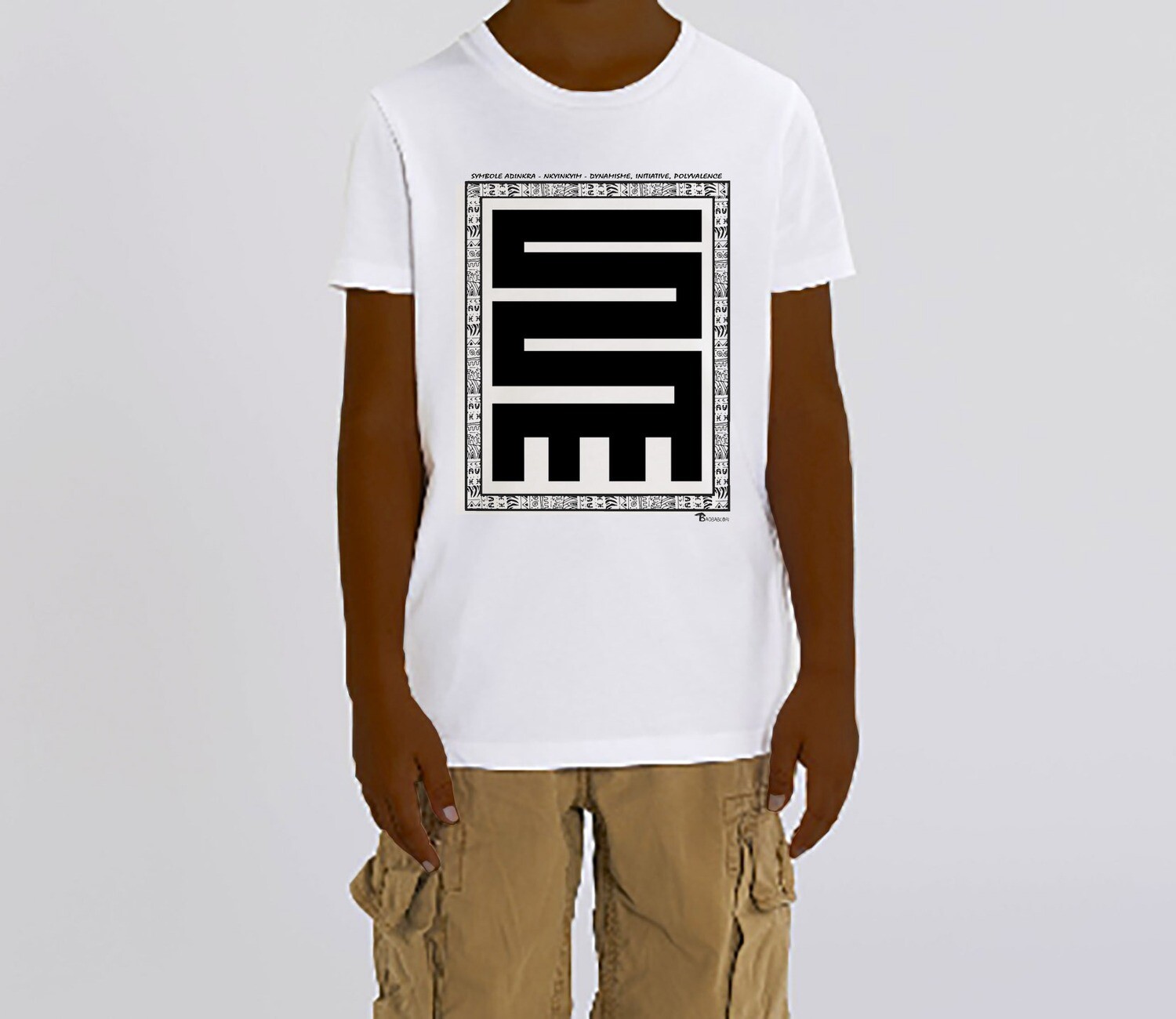 TEE SHIRT SYMBOLE ADINKRA  "NKYINKYIM"  DYNAMISME - INITIATIVE - POLYVALENCE, COULEUR: BLANC, FOND MOTIF: BLANC