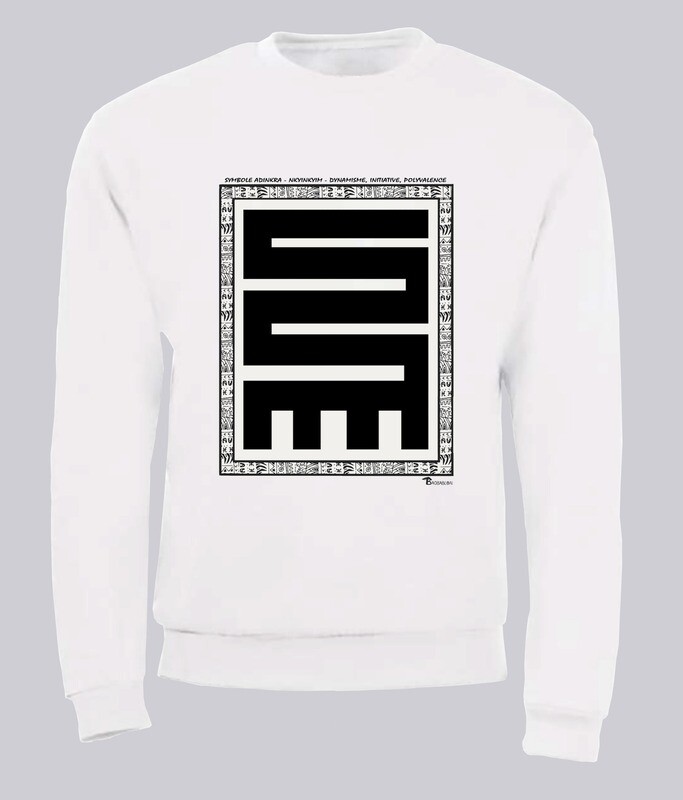 SWEAT SYMBOLE ADINKRA   "NKYINKYIM"  DYNAMISME - INITIATIVE - POLYVALENCE, COULEUR: BLANC, FOND MOTIF: BLANC