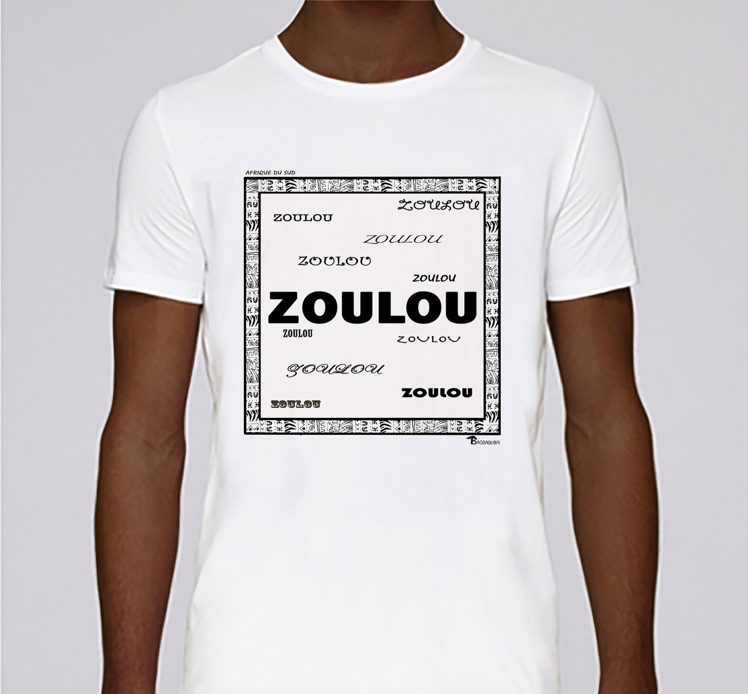 TEE SHIRT RACINE ZOULOU, COULEUR: BLANC, FOND MOTIF: BLANC