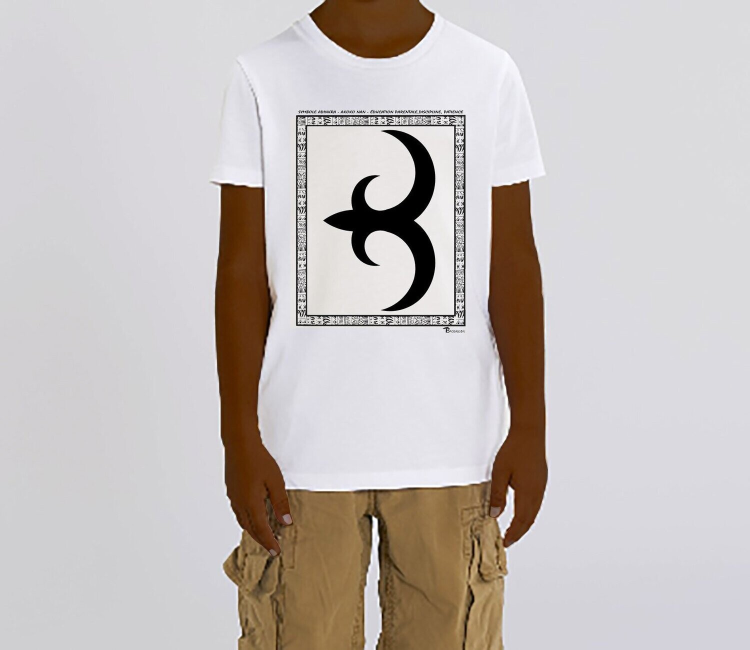 TEE SHIRT SYMBOLE ADINKRA  "AKOKO NAN"  EDUCATION PARENTALE  - DISCIPLINE- PATIENCE, COULEUR: BLANC, FOND MOTIF: BLANC