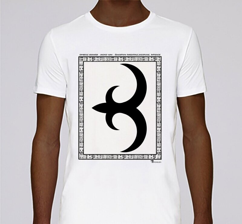 TEE SHIRT SYMBOLE ADINKRA  "AKOKO NAN"  EDUCATION PARENTALE  - DISCIPLINE- PATIENCE, COULEUR: BLANC, FOND MOTIF: BLANC