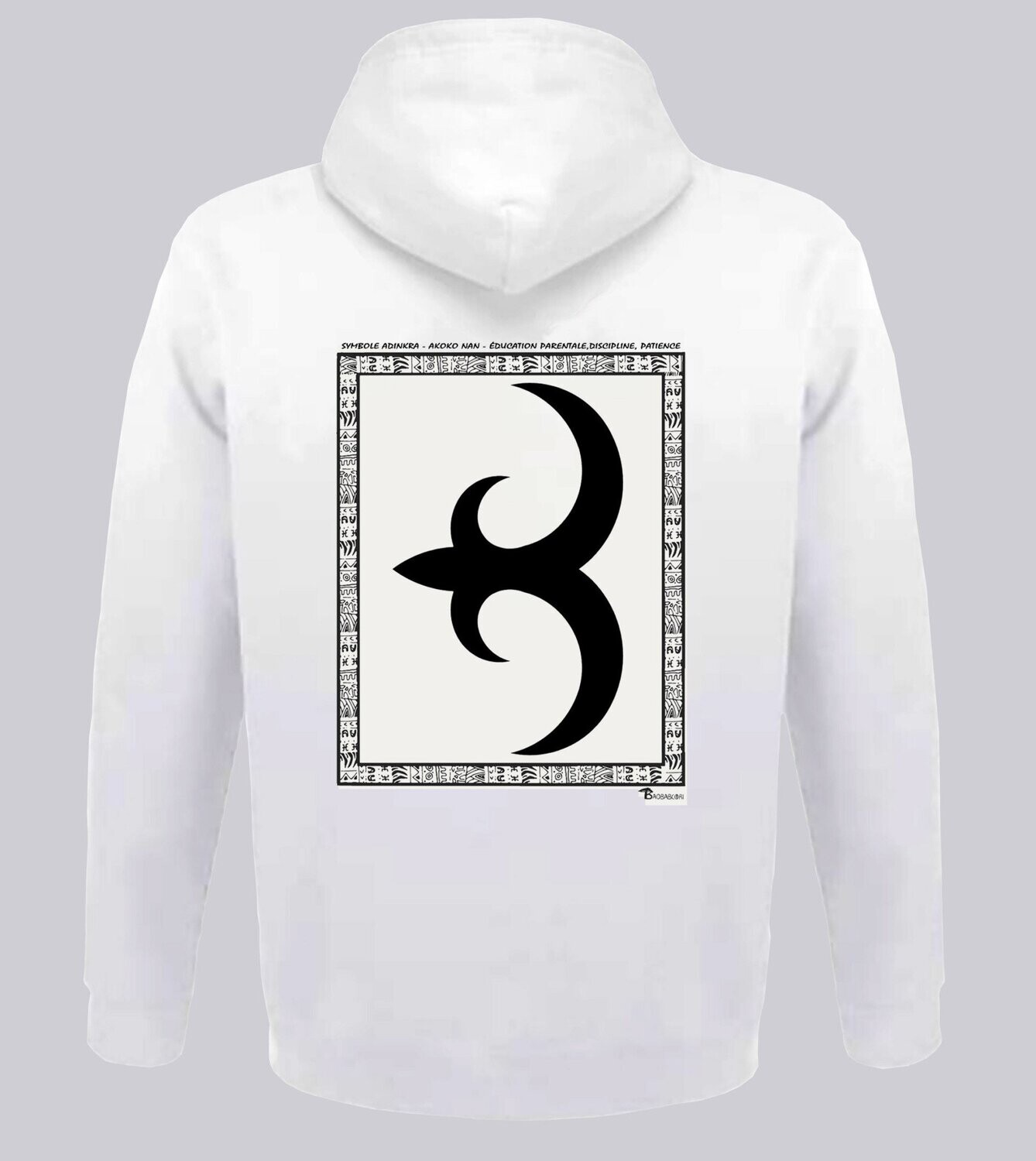 SWEAT A CAPUCHE SYMBOLE ADINKRA  "AKOKO NAN"  EDUCATION PARENTALE  - DISCIPLINE- PATIENCE, COULEUR: BLANC, FOND MOTIF: BLANC