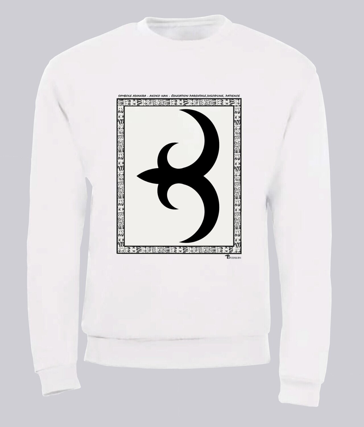 SWEAT SYMBOLE ADINKRA   "AKOKO NAN"  EDUCATION PARENTALE  - DISCIPLINE- PATIENCE, COULEUR: BLANC, FOND MOTIF: BLANC