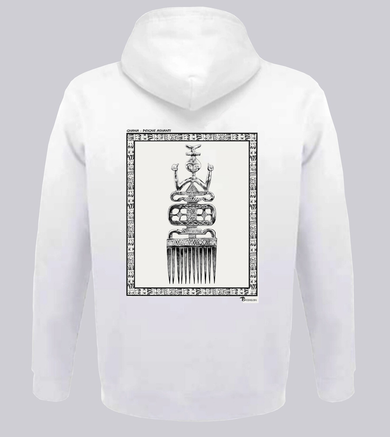 SWEAT A CAPUCHE COIFFURE PEIGNE ASHANTI GHANA, COULEUR: BLANC, FOND MOTIF: BLANC