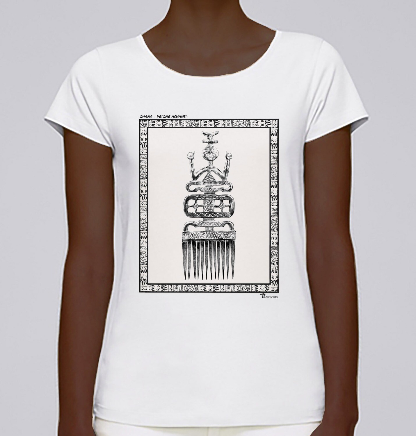 TEE SHIRT COIFFURE PEIGNE ASHANTI GHANA, COULEUR: BLANC, FOND MOTIF: BLANC