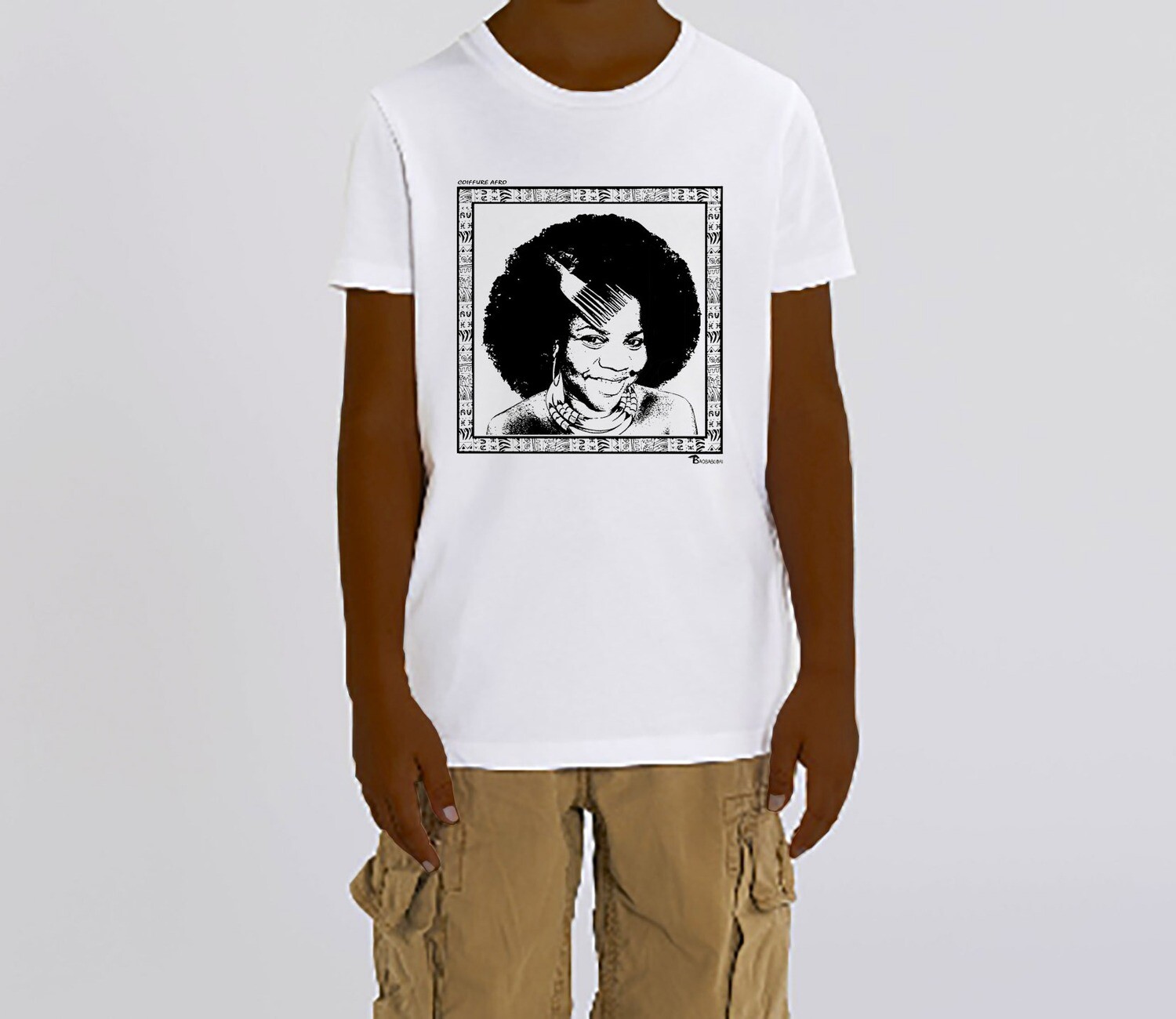 TEE SHIRT COIFFURE AFRO, COULEUR: BLANC, FOND MOTIF: BLANC