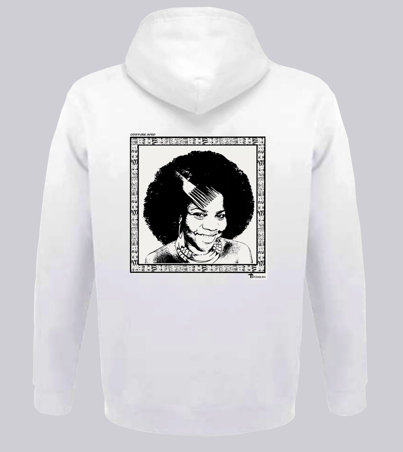 SWEAT A CAPUCHE COIFFURE AFRO, COULEUR: BLANC, FOND MOTIF: BLANC
