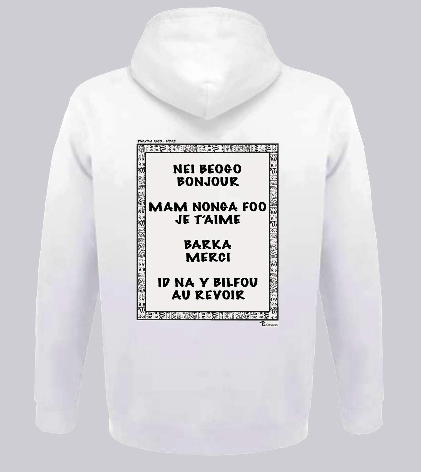SWEAT A CAPUCHE LANGUE MORÉ, COULEUR: BLANC, FOND MOTIF: BLANC