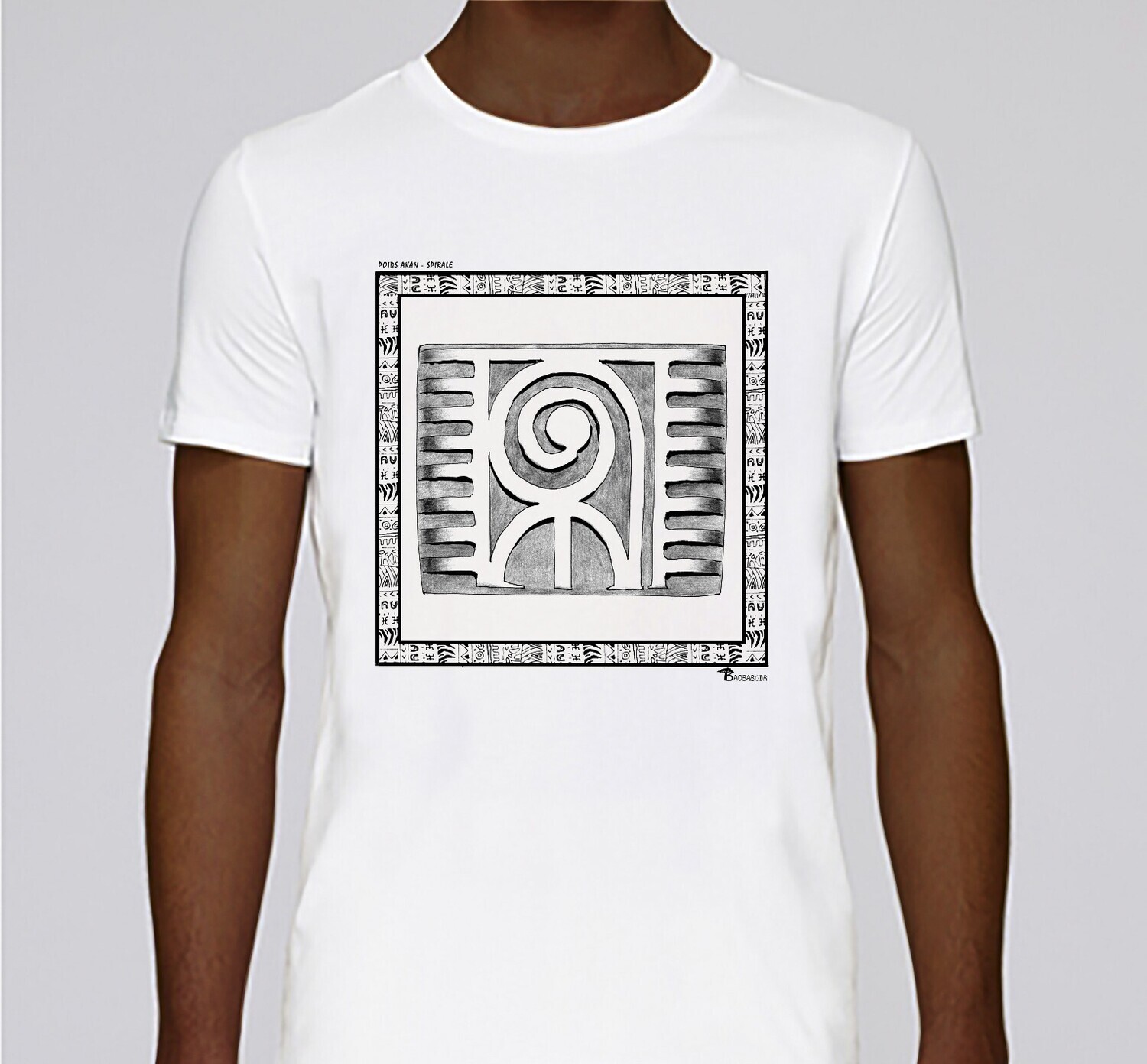 TEE SHIRT POIDS AKAN SPIRALE, COULEUR: BLANC, FOND MOTIF: BLANC