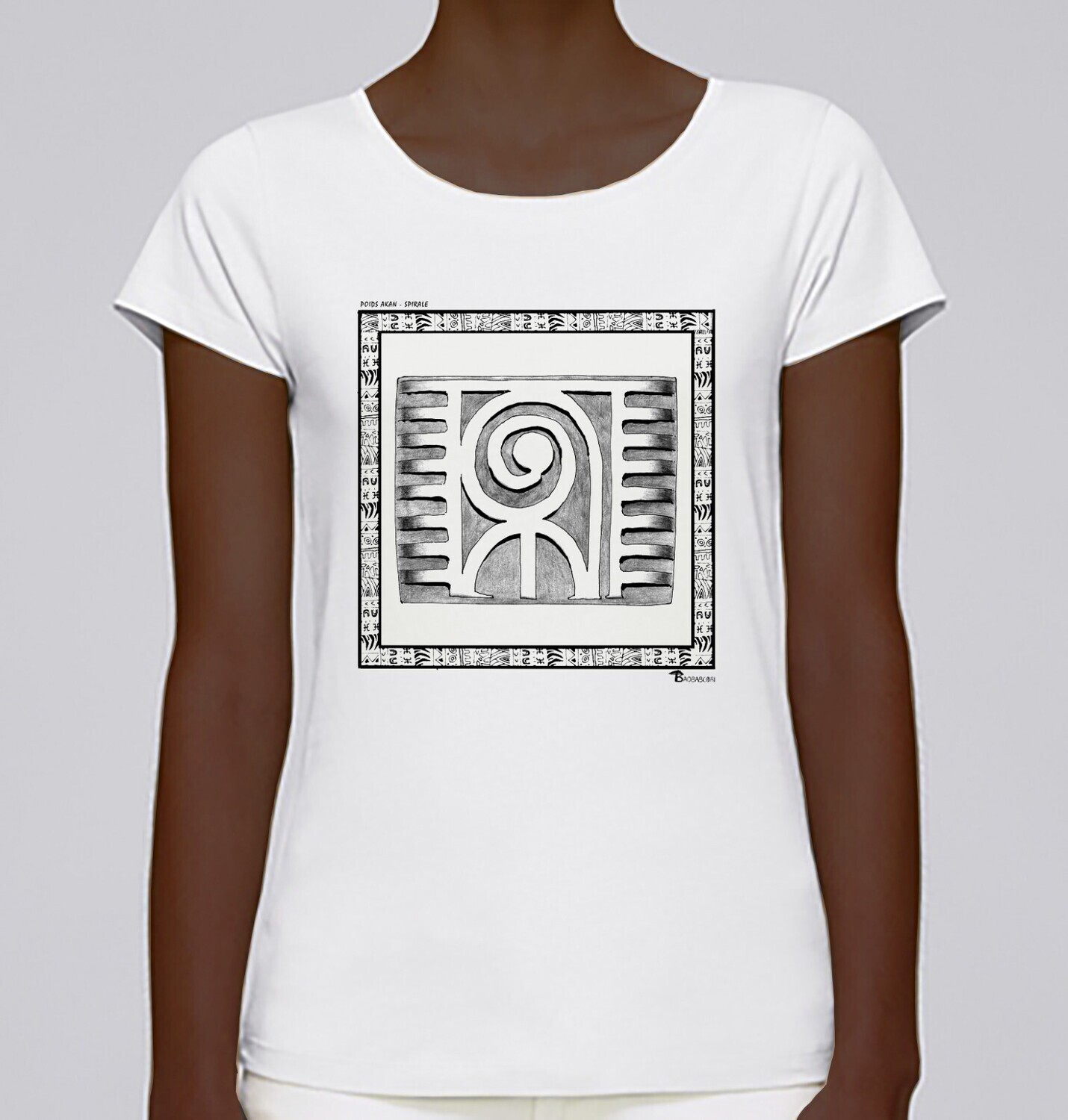 TEE SHIRT POIDS AKAN SPIRALE, COULEUR: BLANC, FOND MOTIF: BLANC