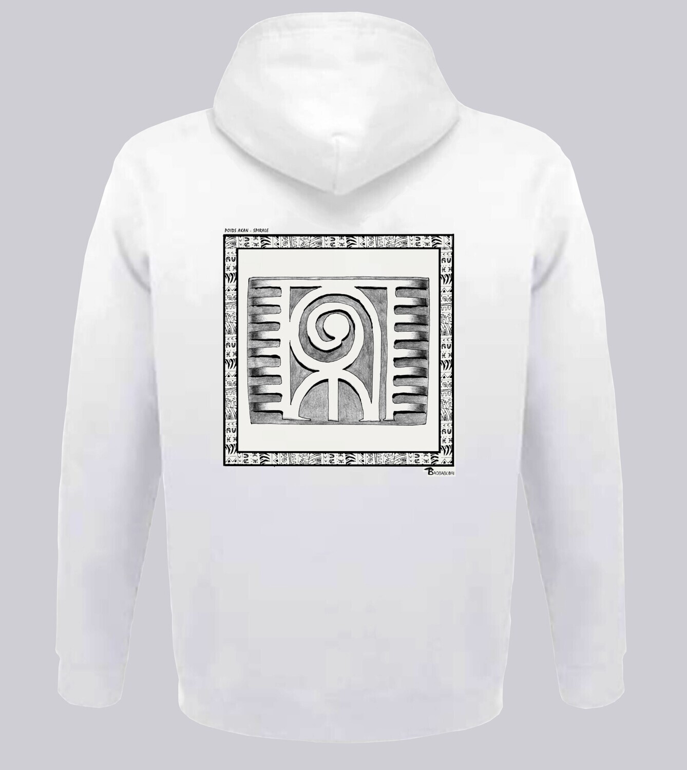 SWEAT A CAPUCHE POIDS AKAN SPIRALE, COULEUR: BLANC, FOND MOTIF: BLANC
