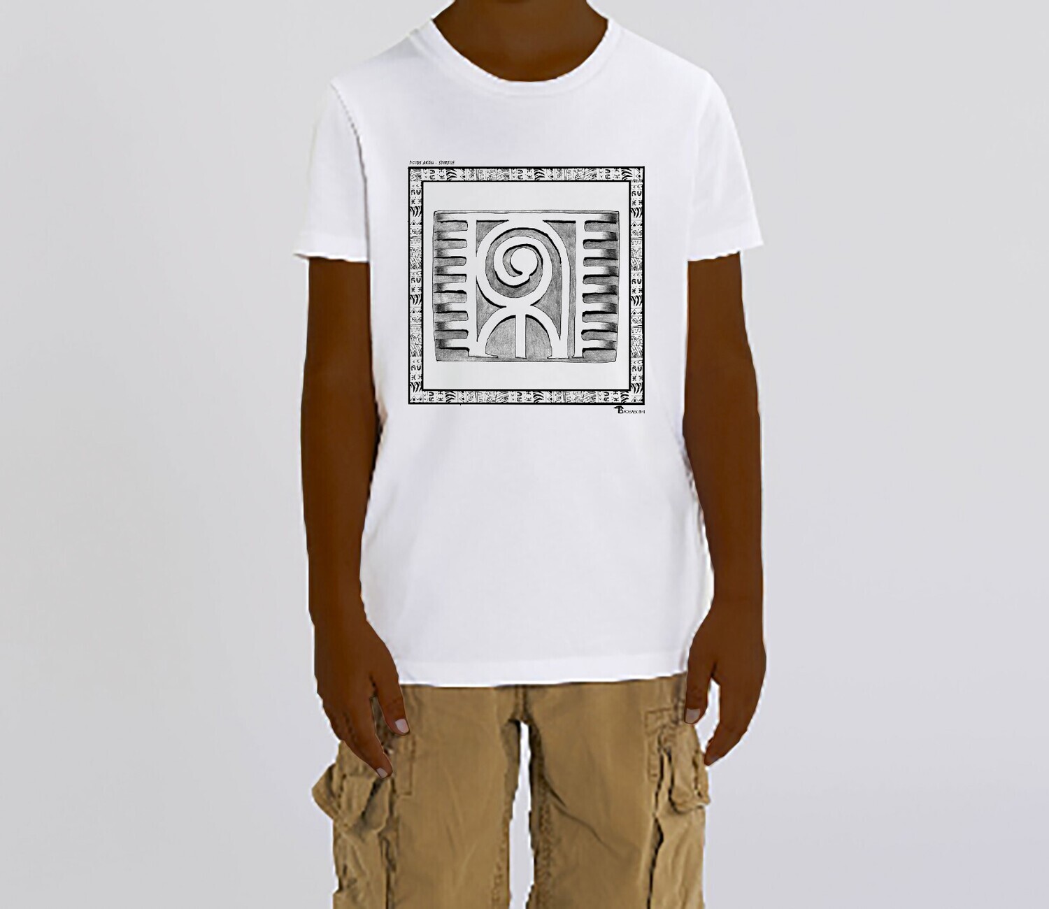 TEE SHIRT POIDS AKAN SPIRALE, COULEUR: BLANC, FOND MOTIF: BLANC