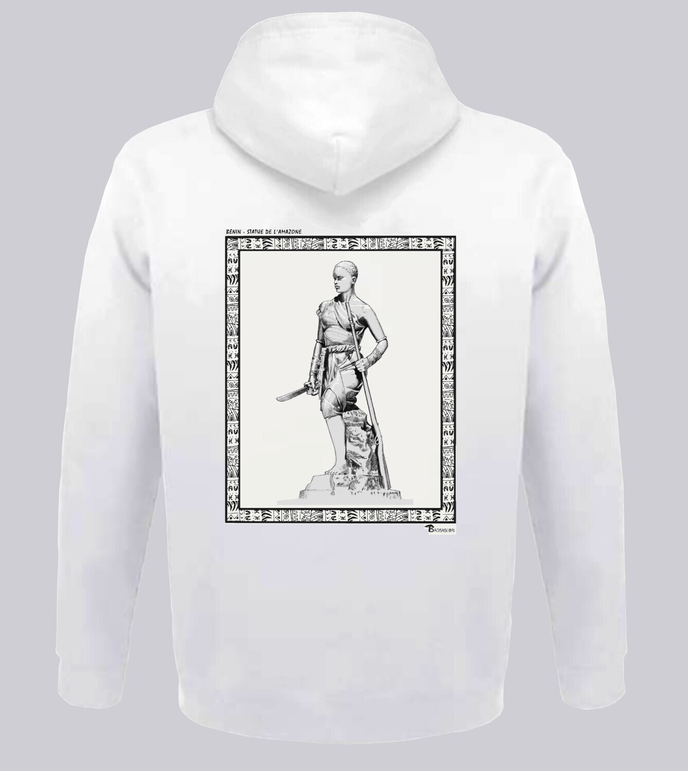 SWEAT A CAPUCHE MONUMENT AMAZONE BENIN, COULEUR: BLANC, FOND MOTIF: BLANC