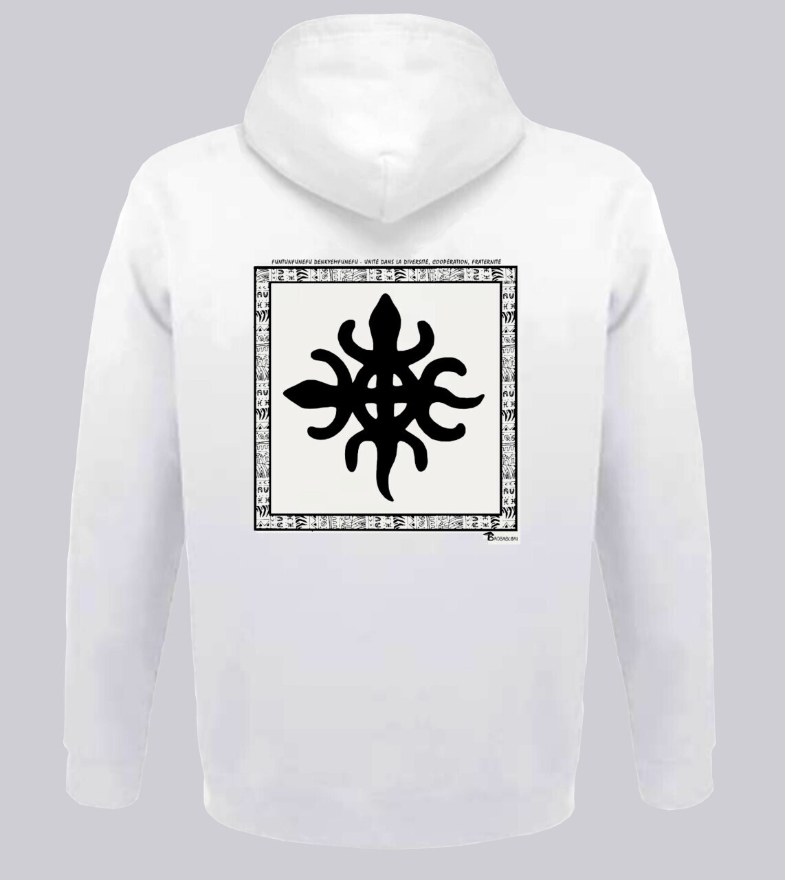SWEAT A CAPUCHE SYMBOLE ADINKRA  "FUNTUNFUNEFU DENKYEM FUNEFU" UNITE DANS LA DIVERSITE -  COOPERATION -  FRATERNITE, COULEUR: BLANC, FOND MOTIF: BLANC
