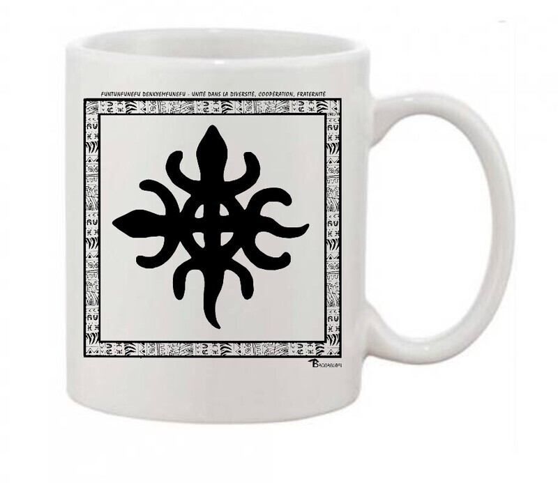 MUG SYMBOLE  ADINKRA  "FUNTUNFUNEFU DENKYEM FUNEFU" UNITE DANS LA DIVERSITE -  COOPERATION -  FRATERNITE