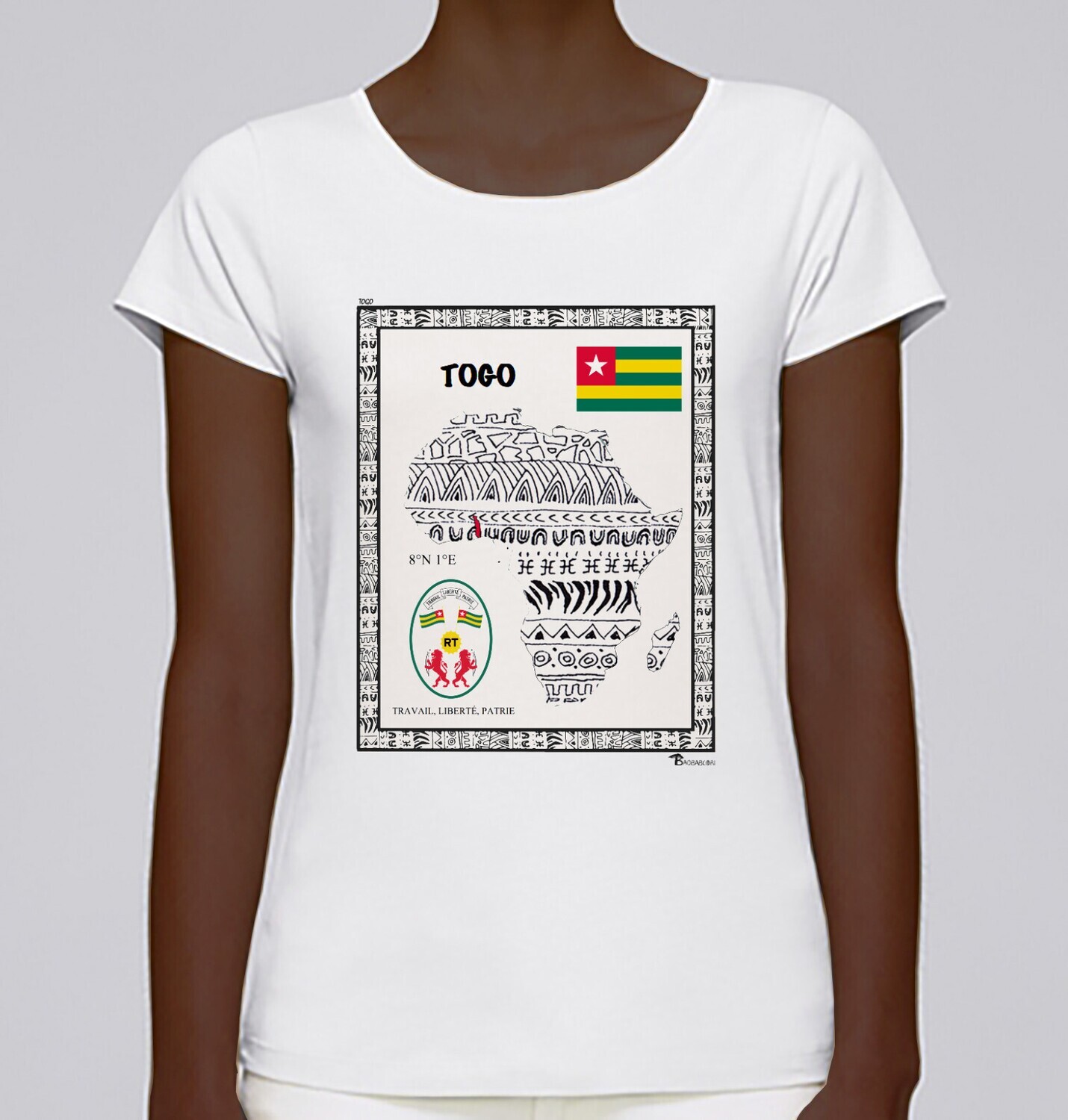 TEE SHIRT PAYS TOGO, COULEUR: BLANC, FOND MOTIF: BLANC