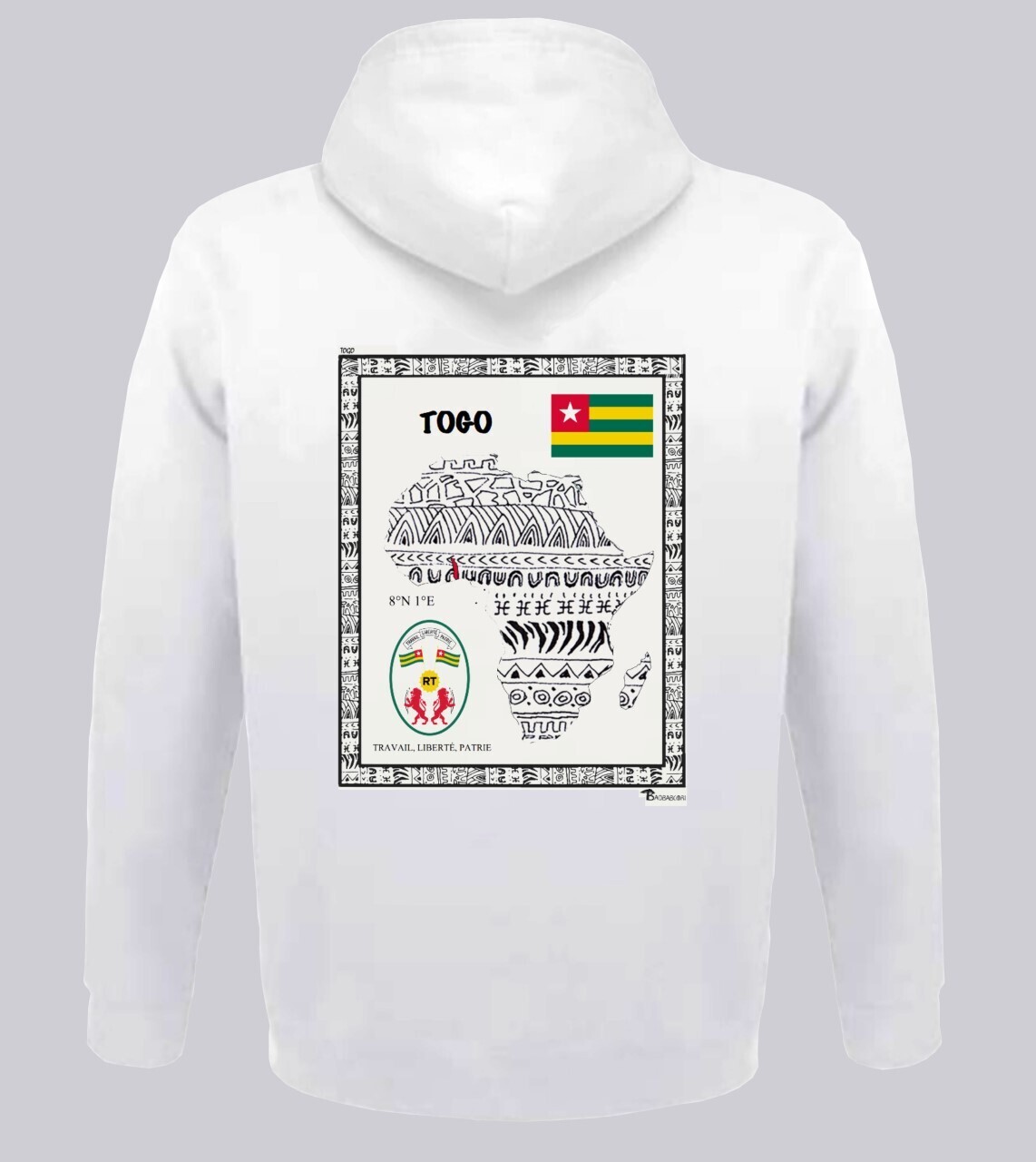 SWEAT A CAPUCHE PAYS TOGO, COULEUR: BLANC, FOND MOTIF: BLANC