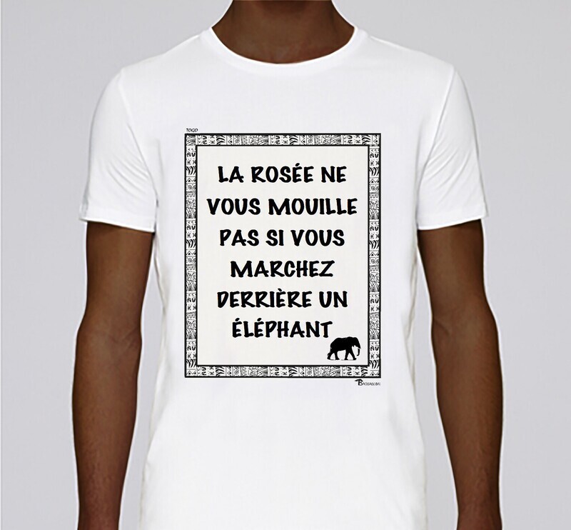 TEE SHIRT PROVERBE ET CITATION TOGO ELEPHANT, COULEUR: BLANC, FOND MOTIF: BLANC