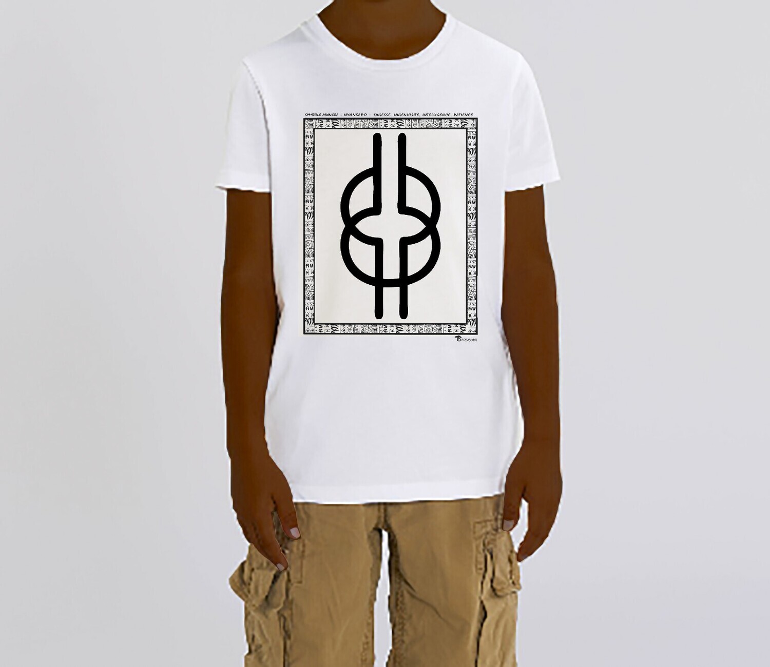 TEE SHIRT SYMBOLE ADINKRA "NYANSAPO" SAGESSE -INGENIOSITE - INTELLIGENCE- PATIENCE, COULEUR: BLANC, FOND MOTIF: BLANC