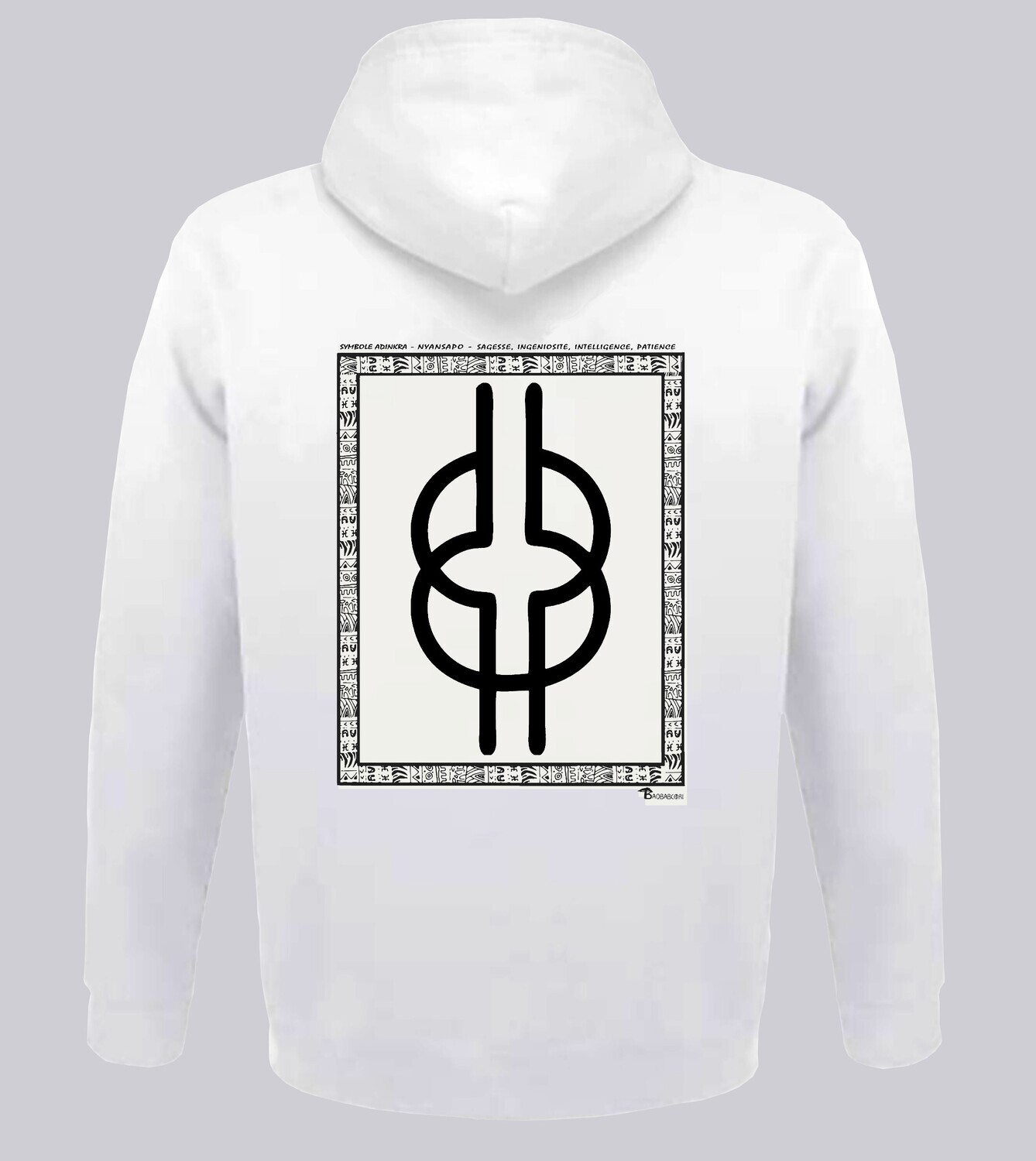 SWEAT A CAPUCHE SYMBOLE ADINKRA  "NYANSAPO" SAGESSE -INGENIOSITE - INTELLIGENCE- PATIENCE, COULEUR: BLANC, FOND MOTIF: BLANC